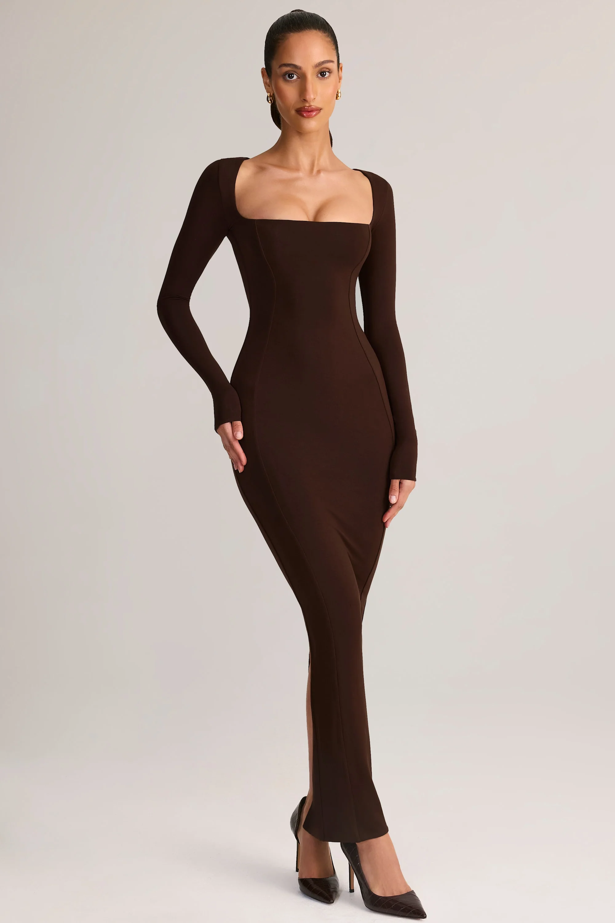 Modal Square-Neck Maxi Dress in Chocolate Brown
