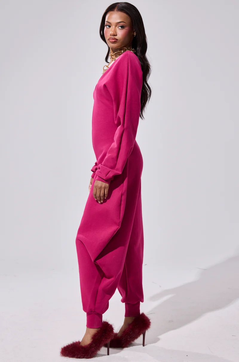 COMFY COZY SWEATSHIRT JUMPSUIT IN PLUM