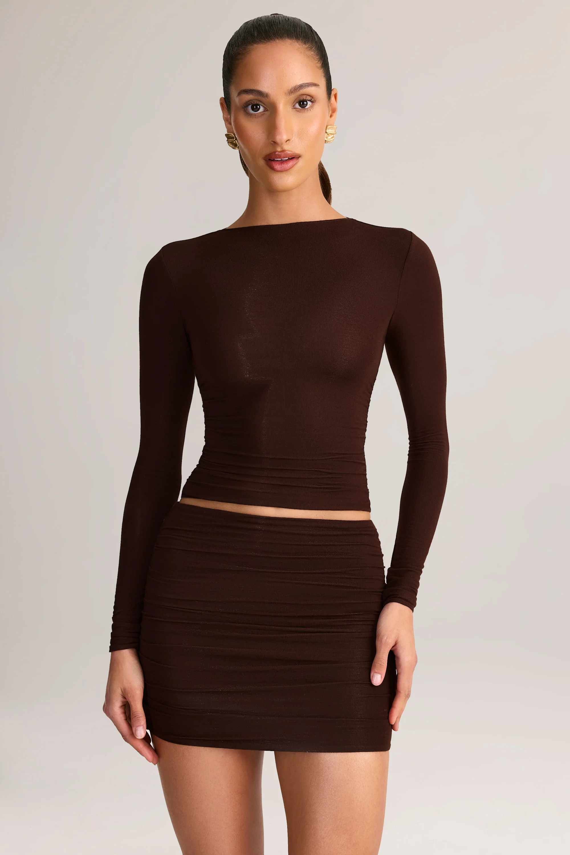 Modal Ruched Mid-Rise Mini Skirt in Chocolate Brown