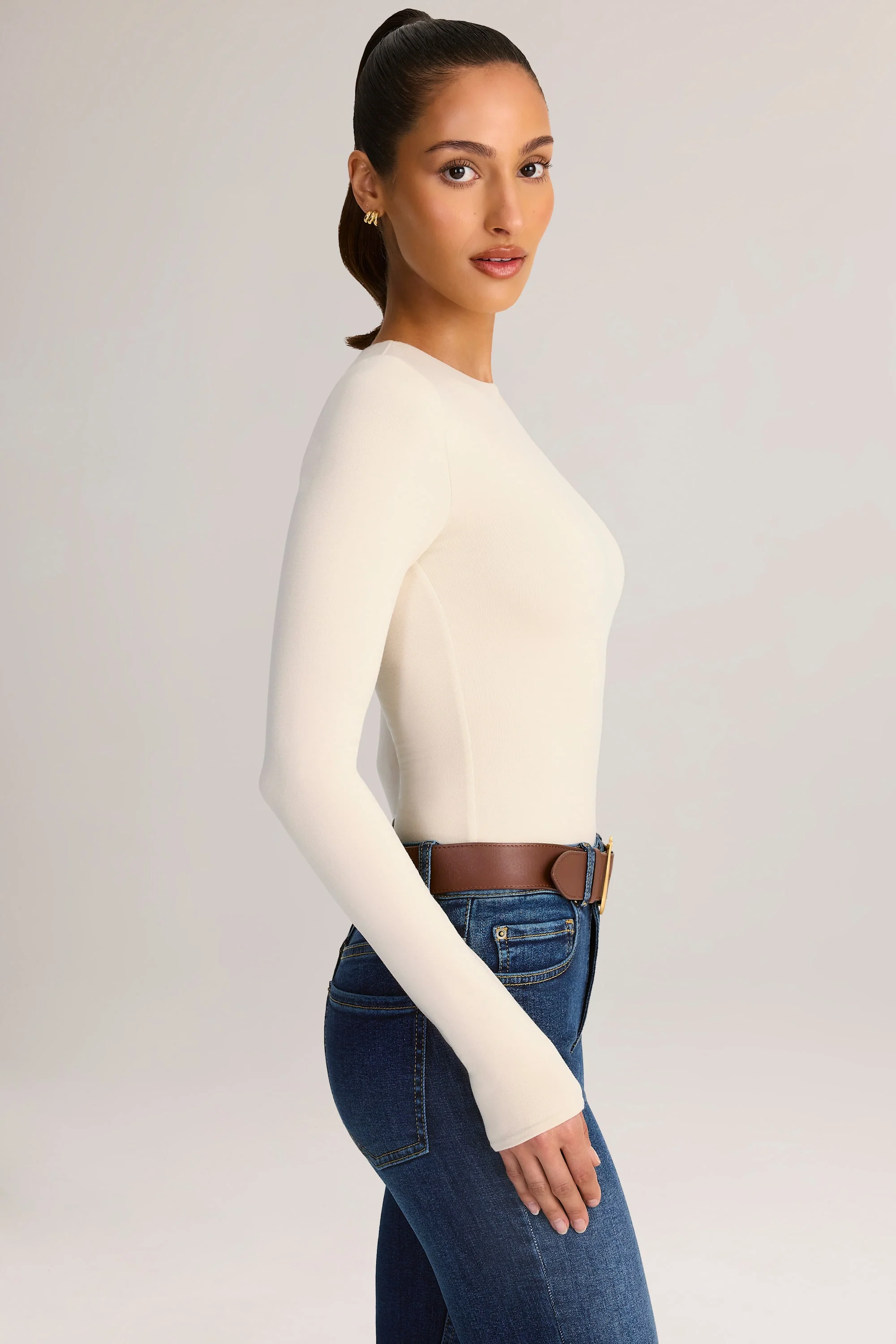Modal Round-Neck Long-Sleeve Bodysuit in Cream