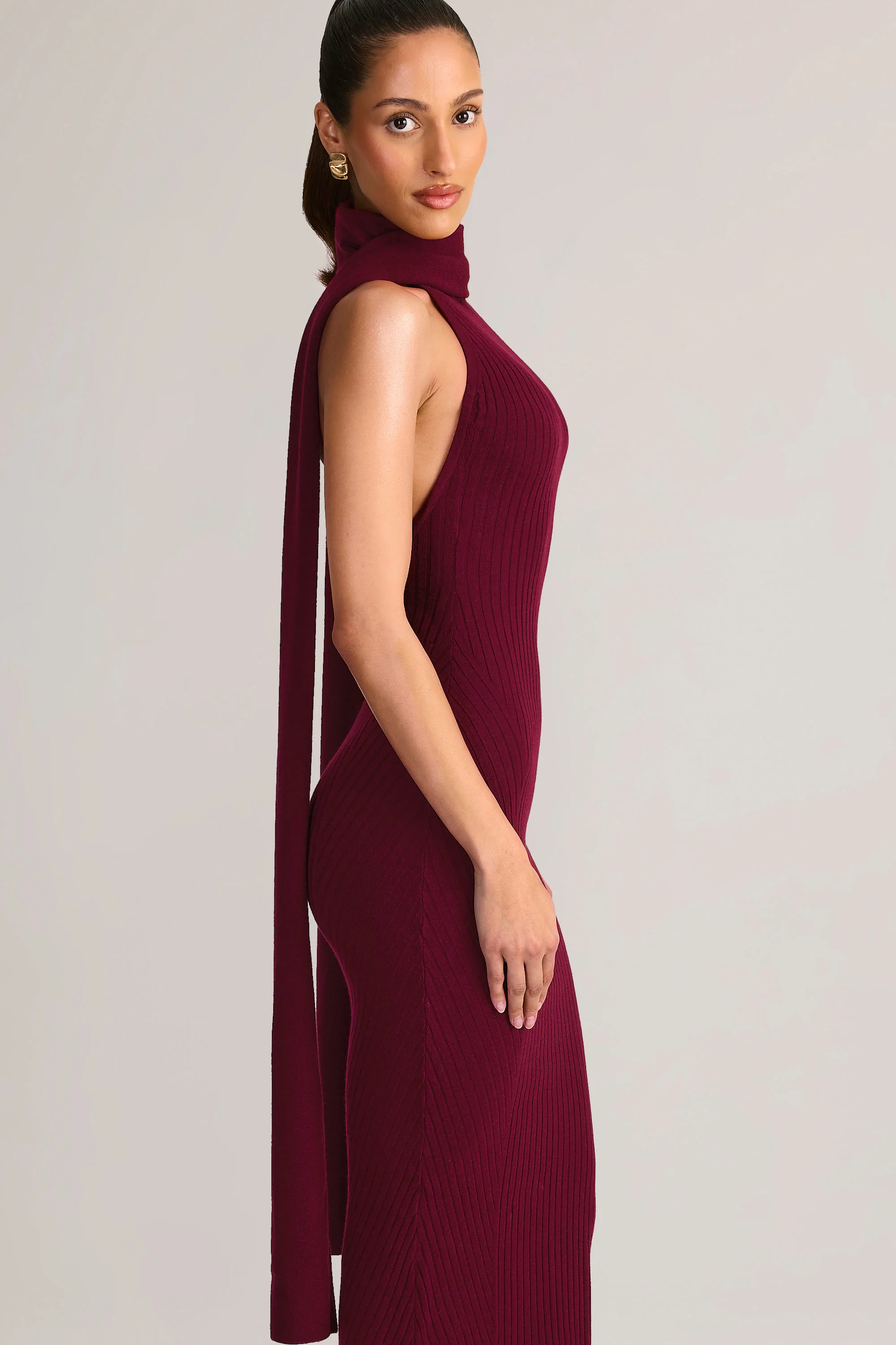 Knit Scarf-Detail Halterneck Maxi Dress in Wine