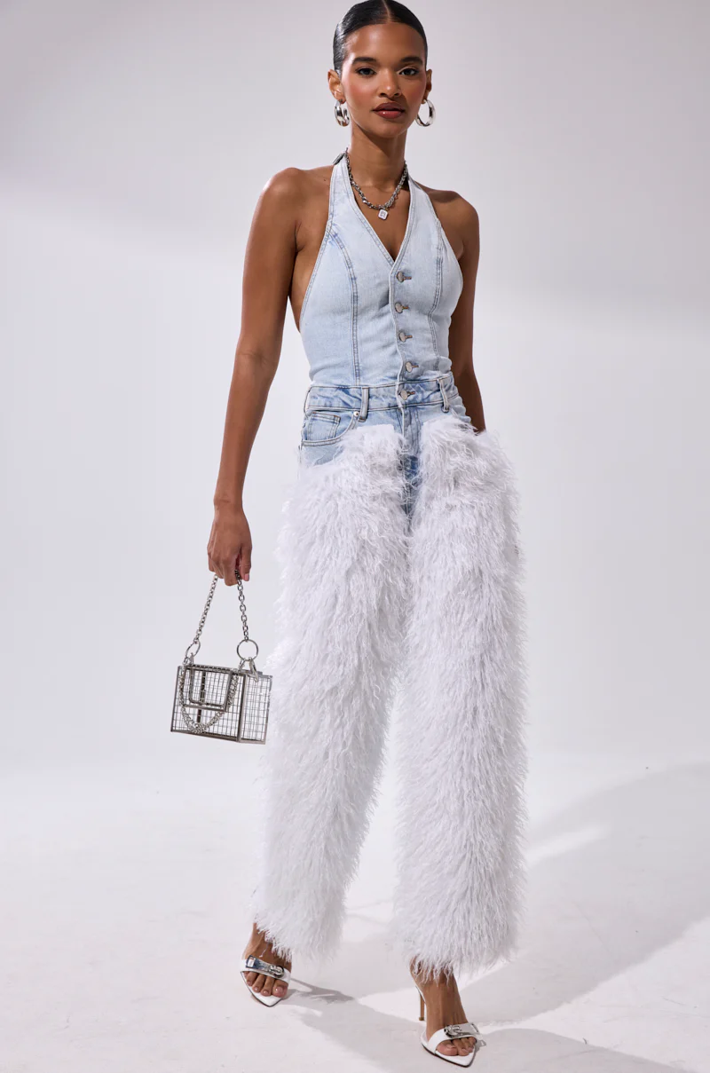 BADDIES ONLY DENIM FUR JUMPSUIT