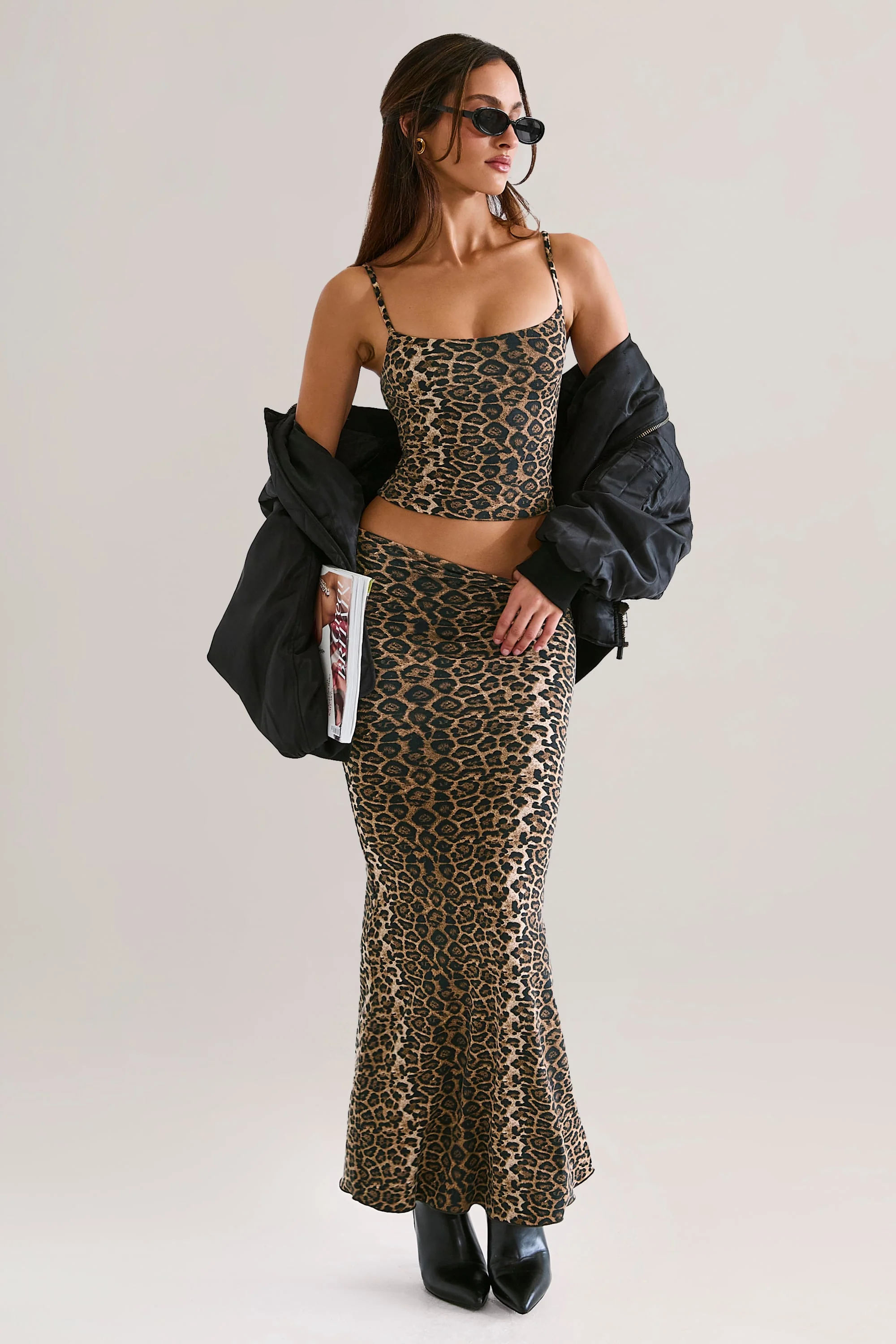 Modal Mid-Rise Fishtail Maxi Skirt in Leopard Print