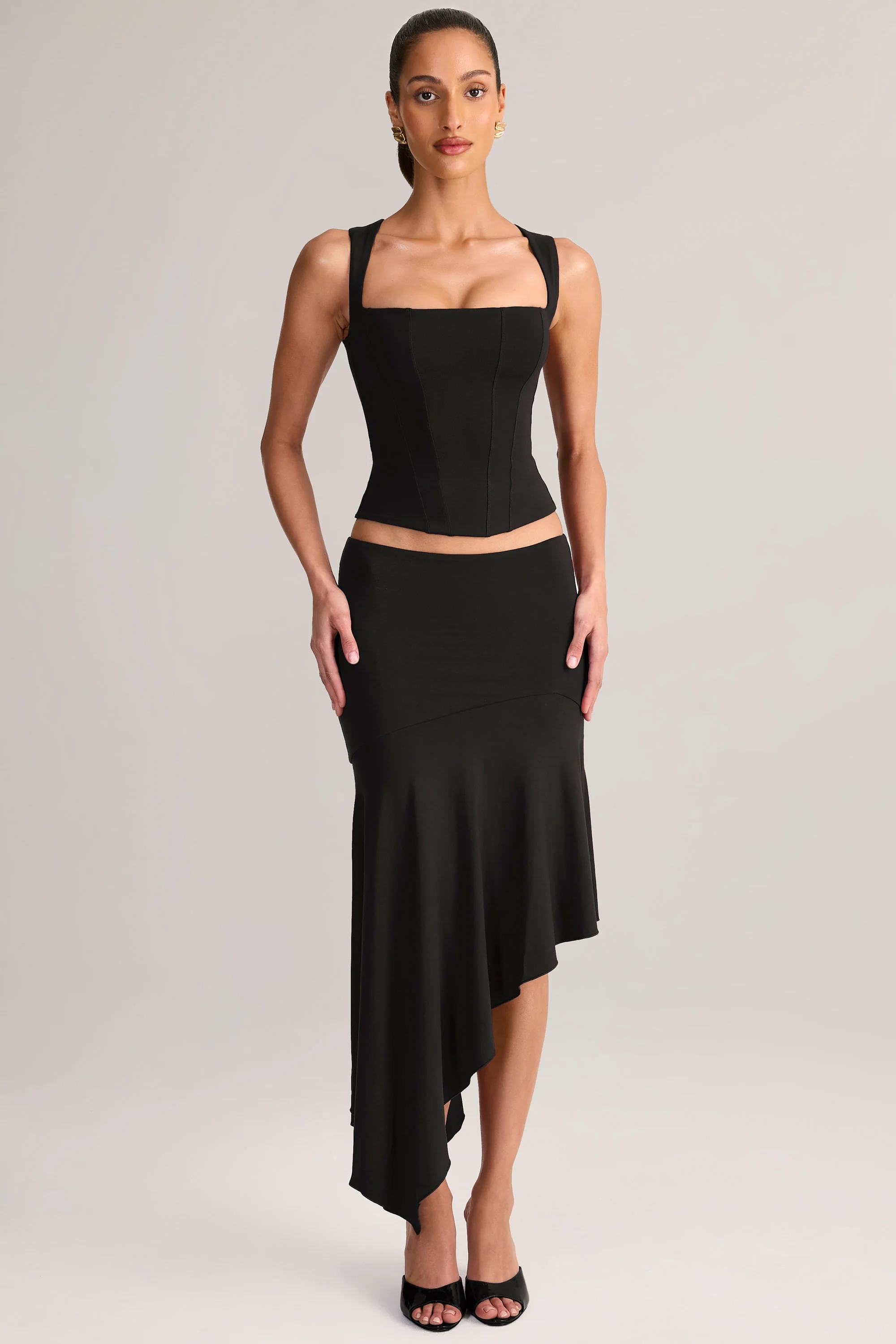 Modal Asymmetric Low-Rise Midaxi Skirt in Black