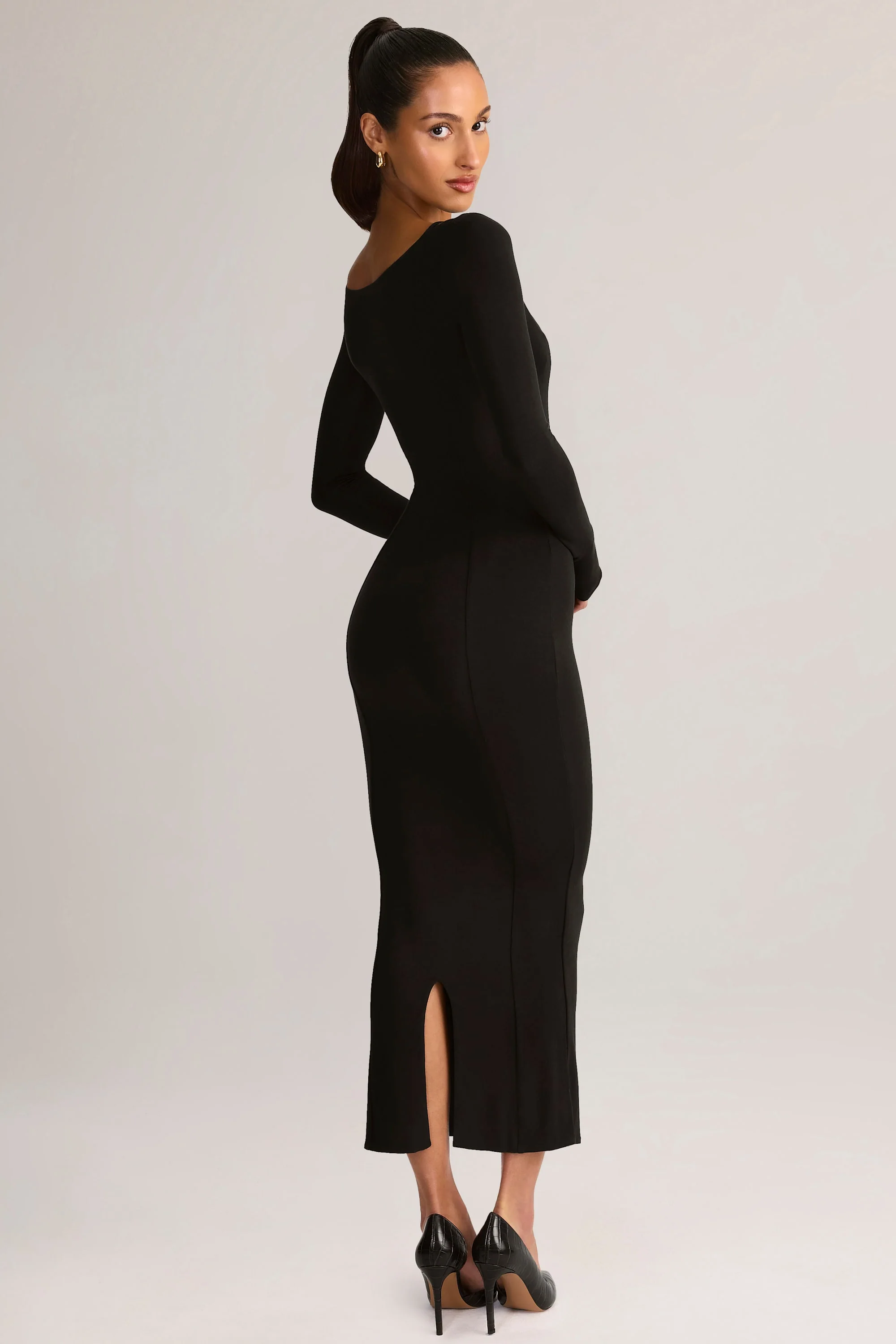 Modal Peekaboo Long-Sleeve Midi Dress in Black