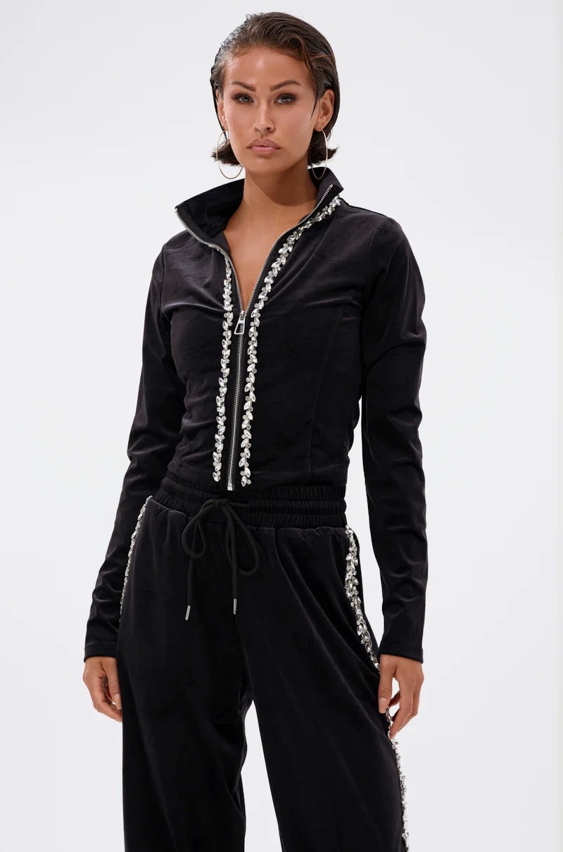 DARA RHINESTONE MOCK NECK ZIP-UP SWEATSHIRT