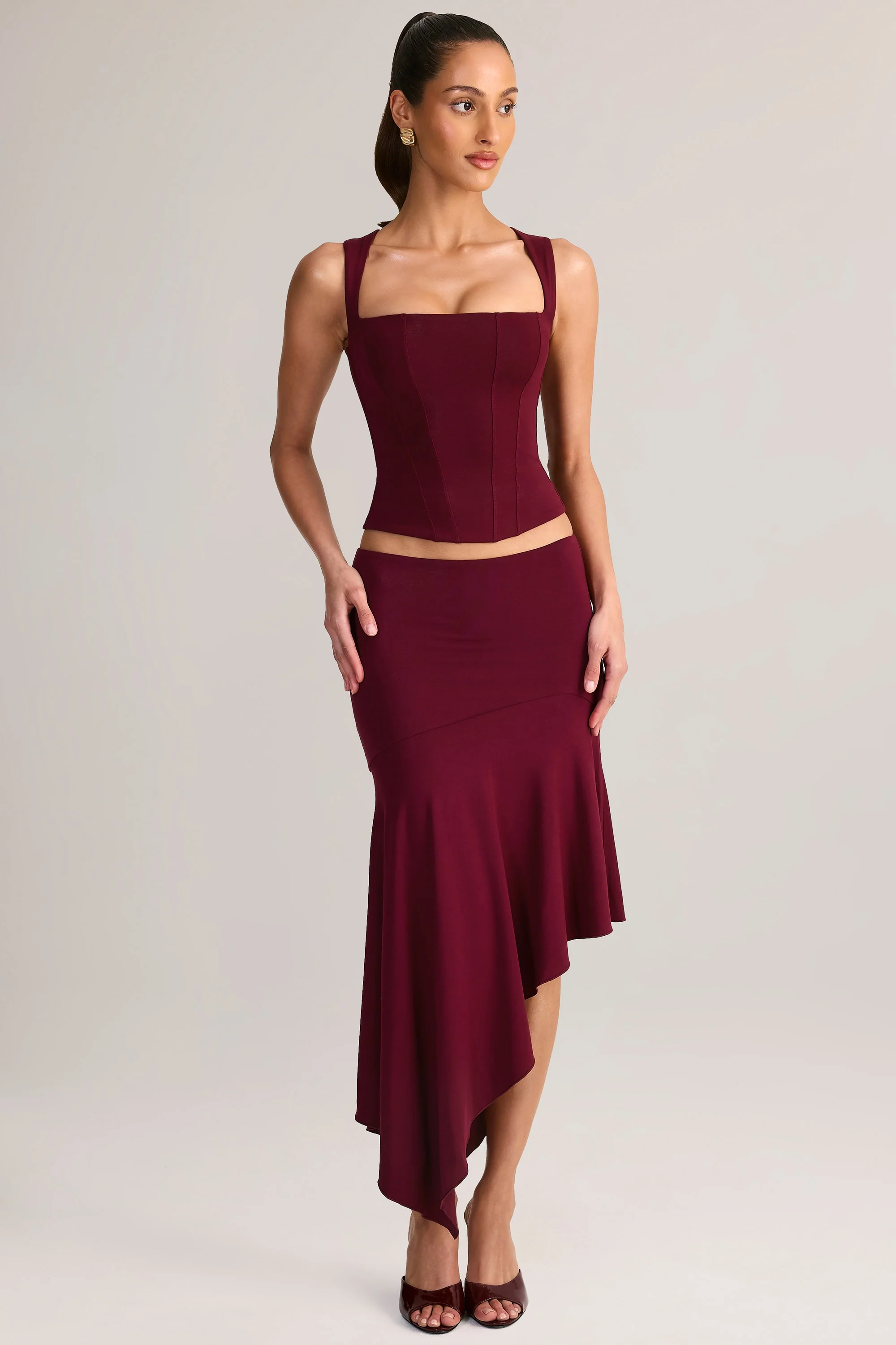 Modal Asymmetric Low-Rise Midaxi Skirt in Wine
