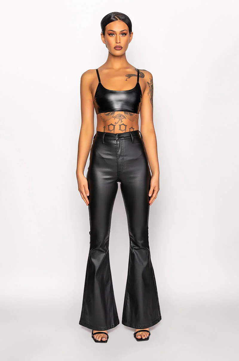 ON DUTY FAUX LEATHER HIGH RISE FLARE PANTS
