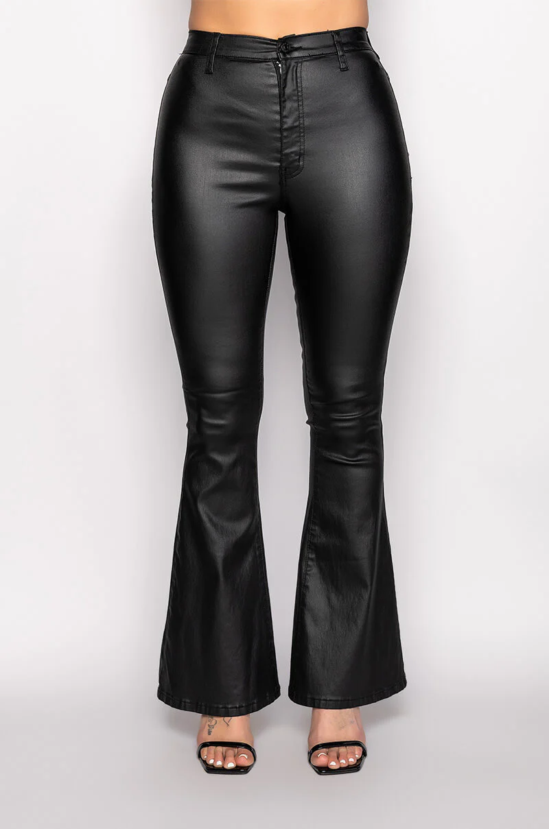 ON DUTY FAUX LEATHER HIGH RISE FLARE PANTS