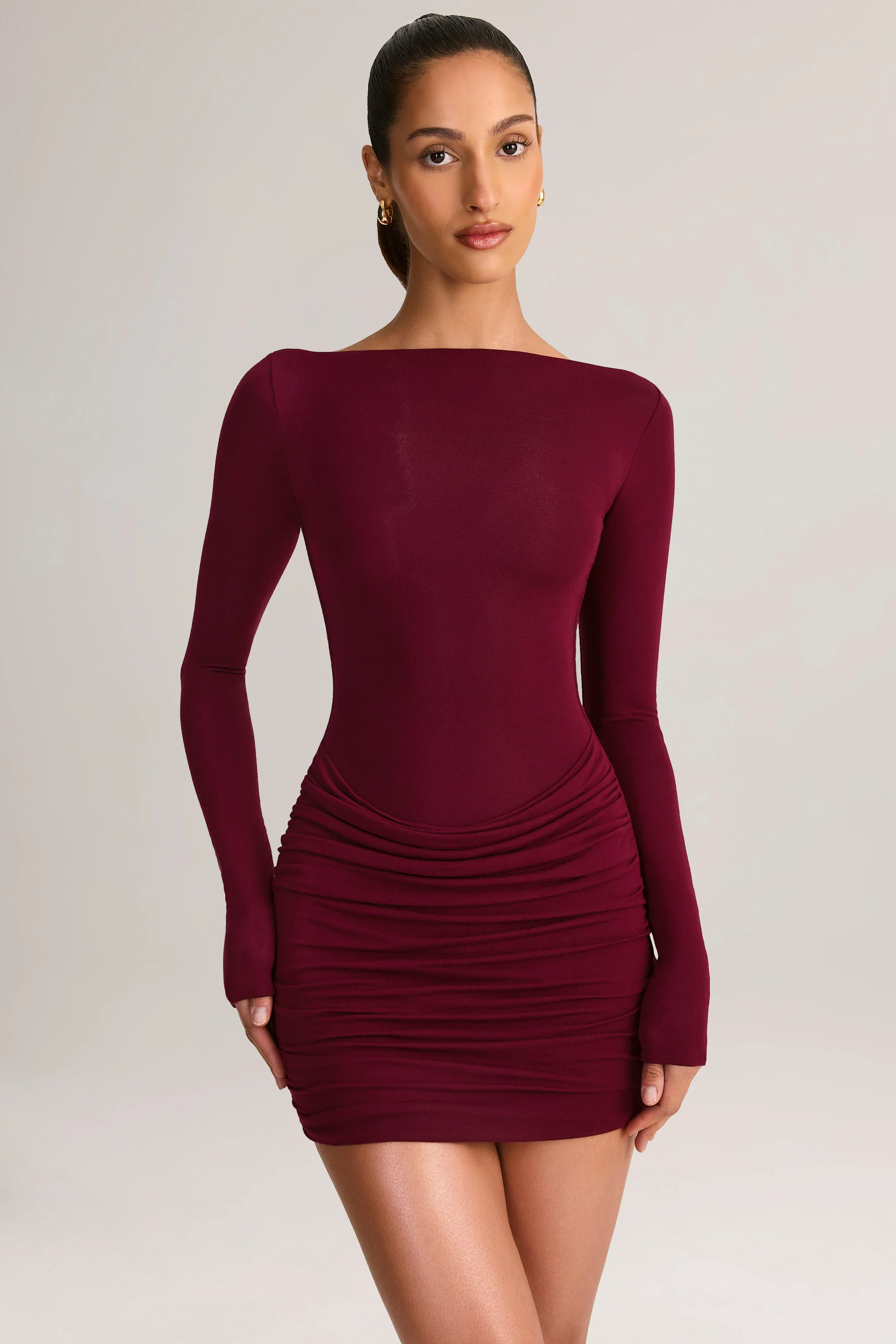 Modal Draped Long-Sleeve Mini Dress in Wine