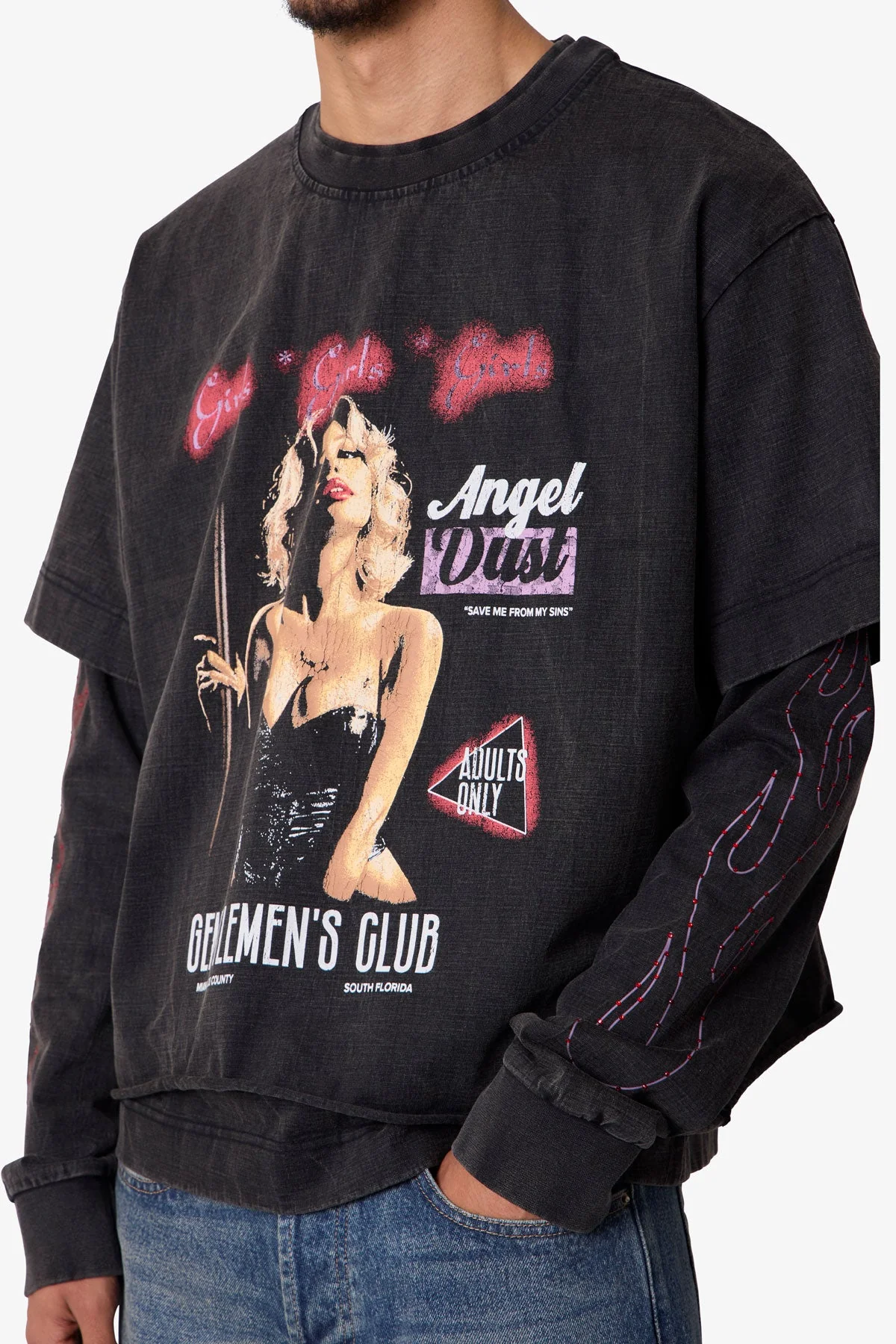 Gentlemens Club Printed L/S Tee - Washed Black