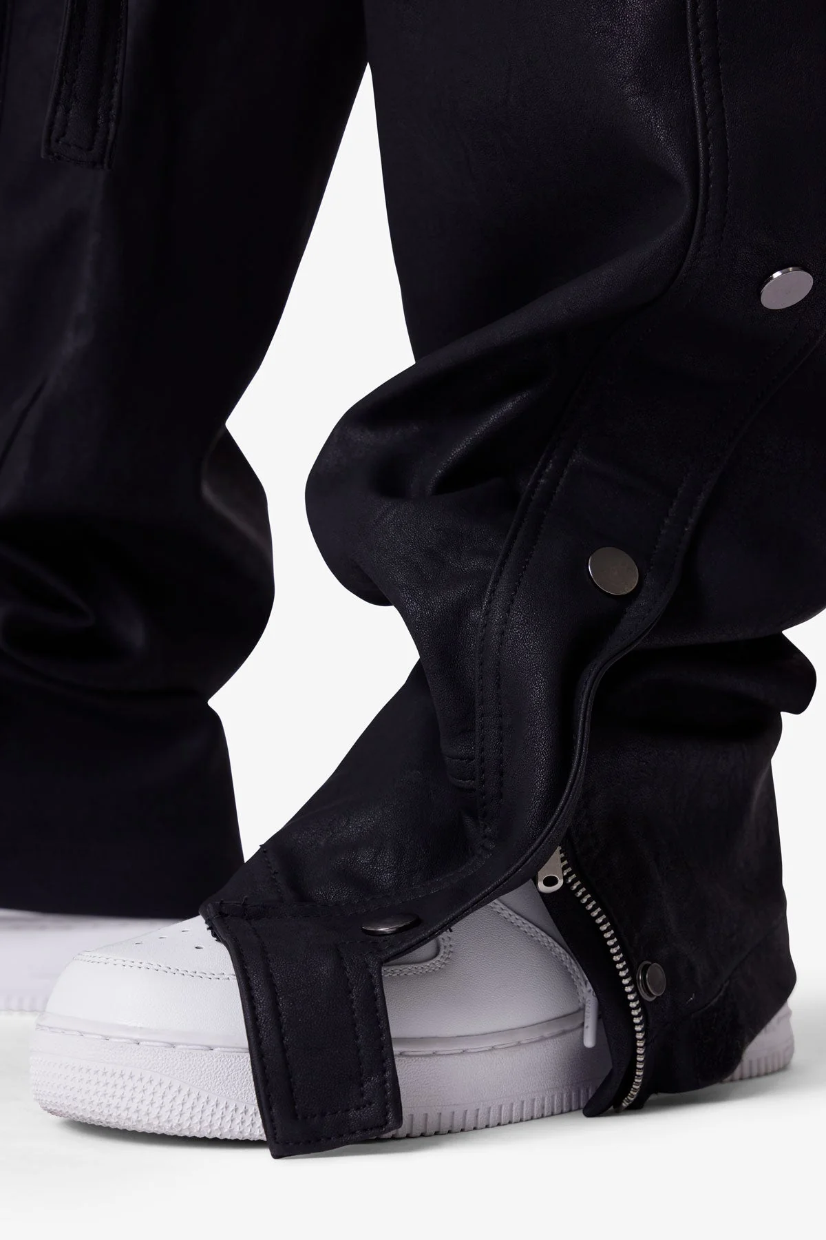 Ultra Baggy Leather Snap Cargo Pants - Black
