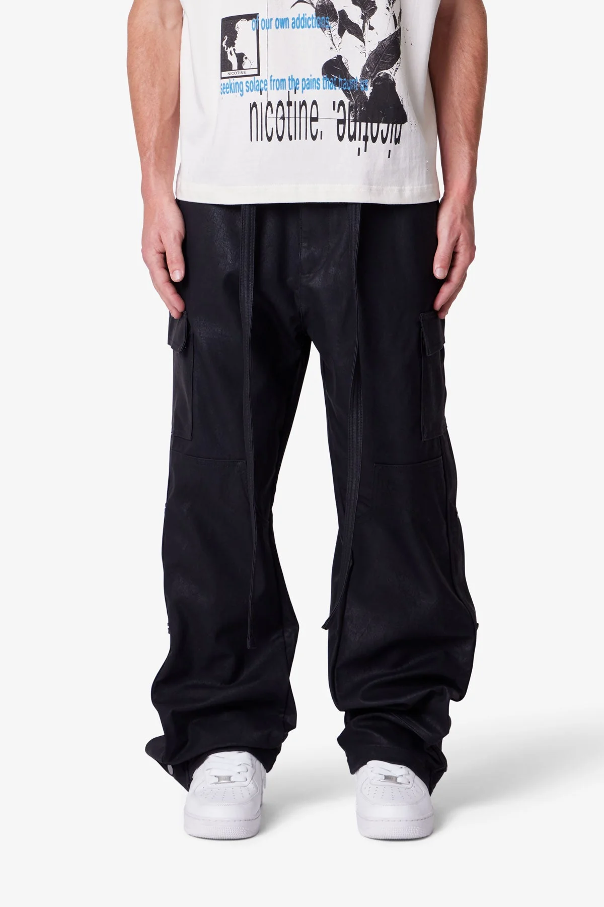 Ultra Baggy Leather Snap Cargo Pants - Black