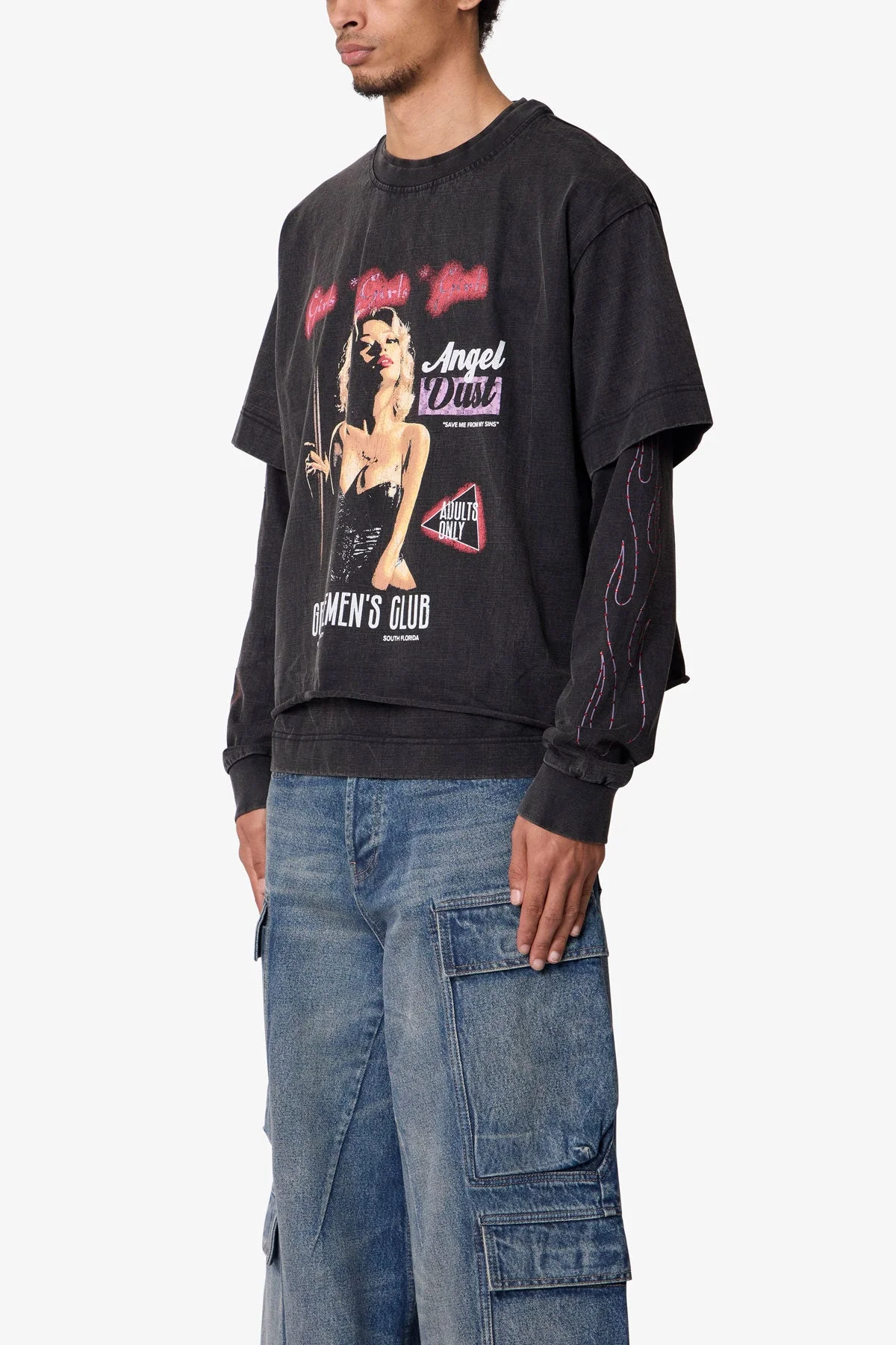 Gentlemens Club Printed L/S Tee - Washed Black