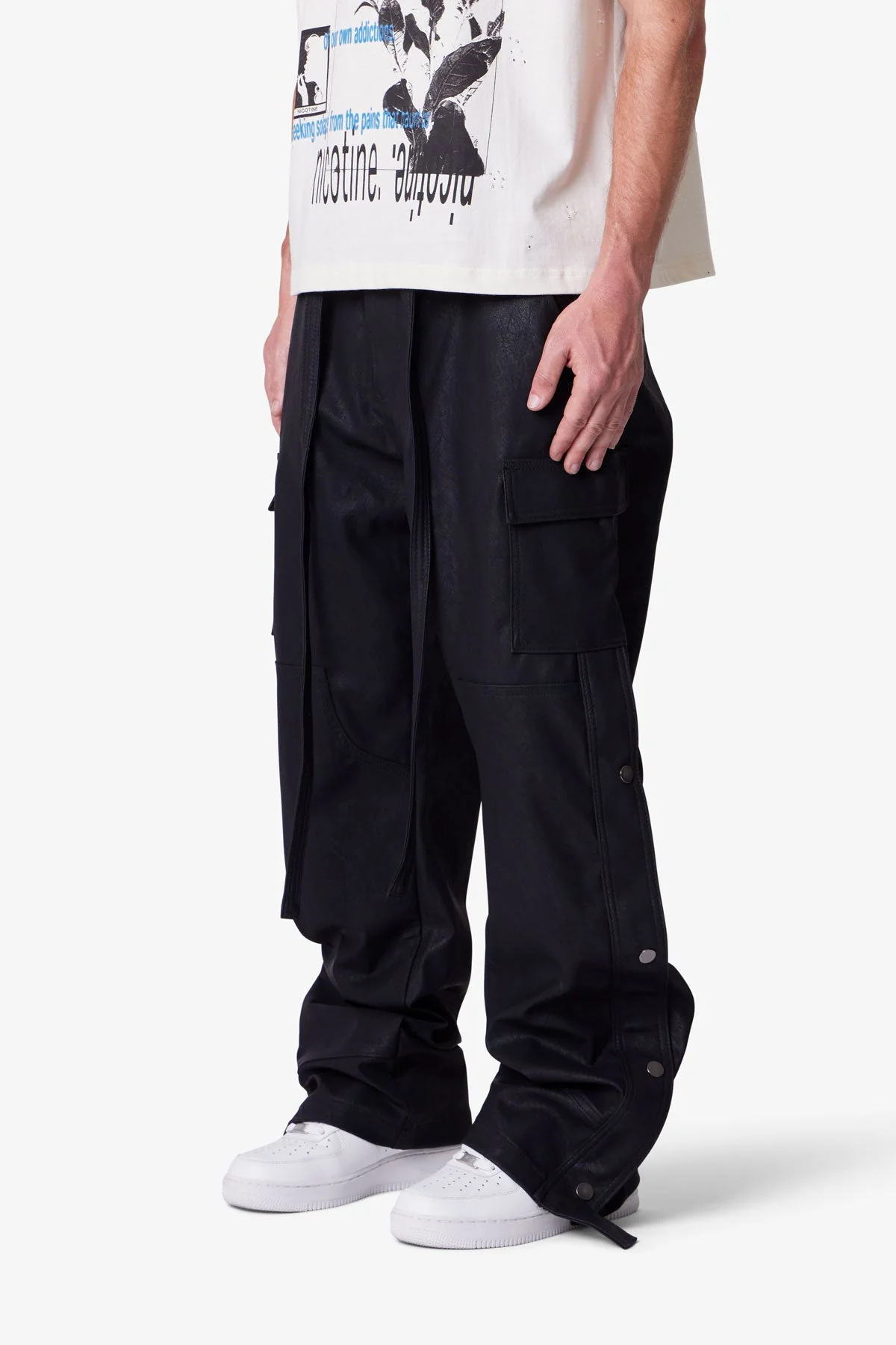 Ultra Baggy Leather Snap Cargo Pants - Black