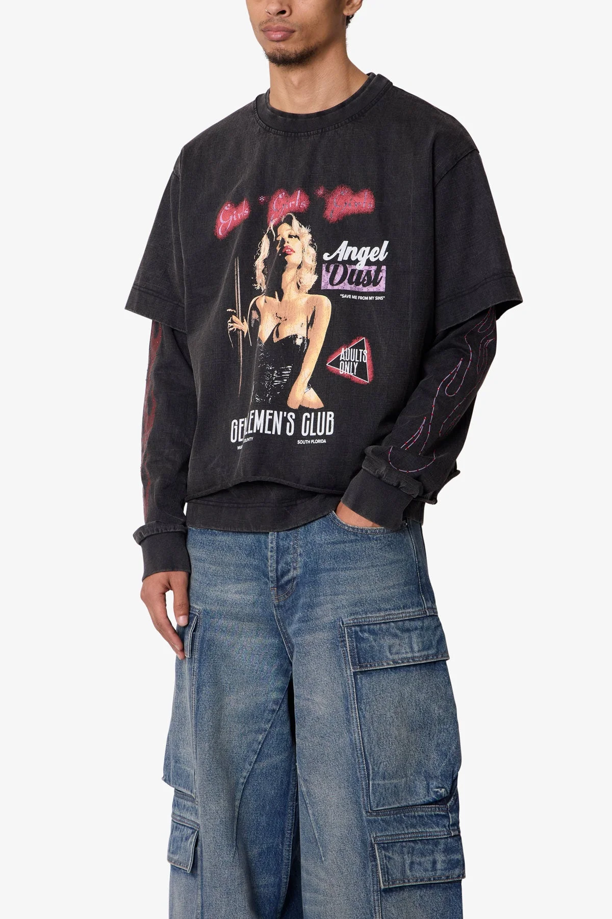 Gentlemens Club Printed L/S Tee - Washed Black