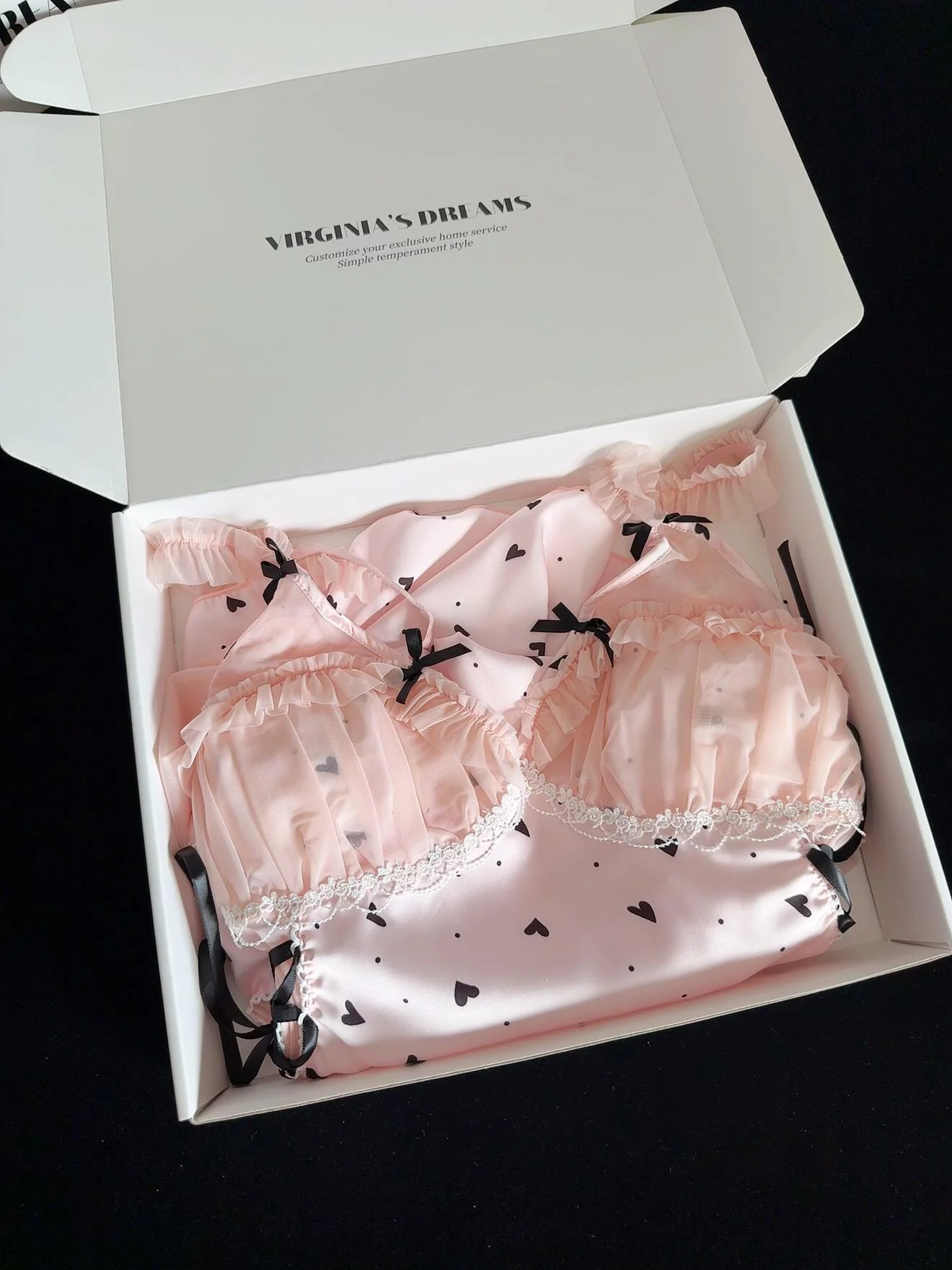 Black Heart Print Lace Trim Double Layer Gauze Silk Nightgown for Women Satin Slip Dress Nightdress