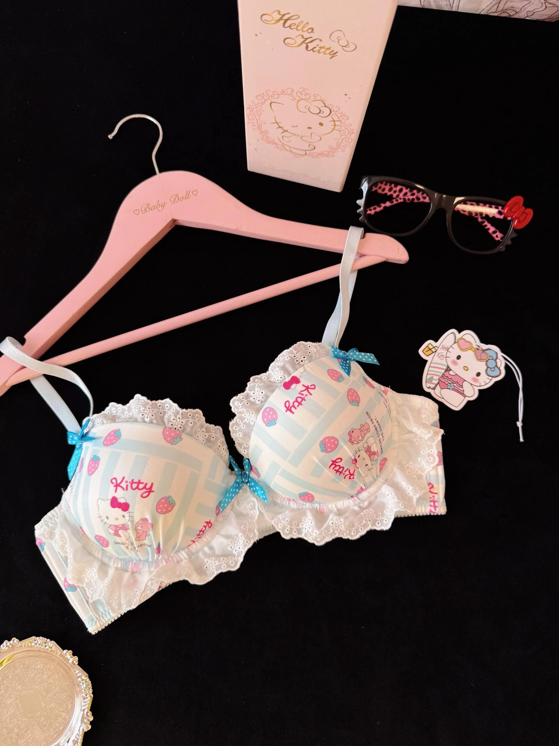 Strawberry Hellokitty Lace Trim Cotton Underwire Cute Push Up Strappy Lingerie Set Panty Bra