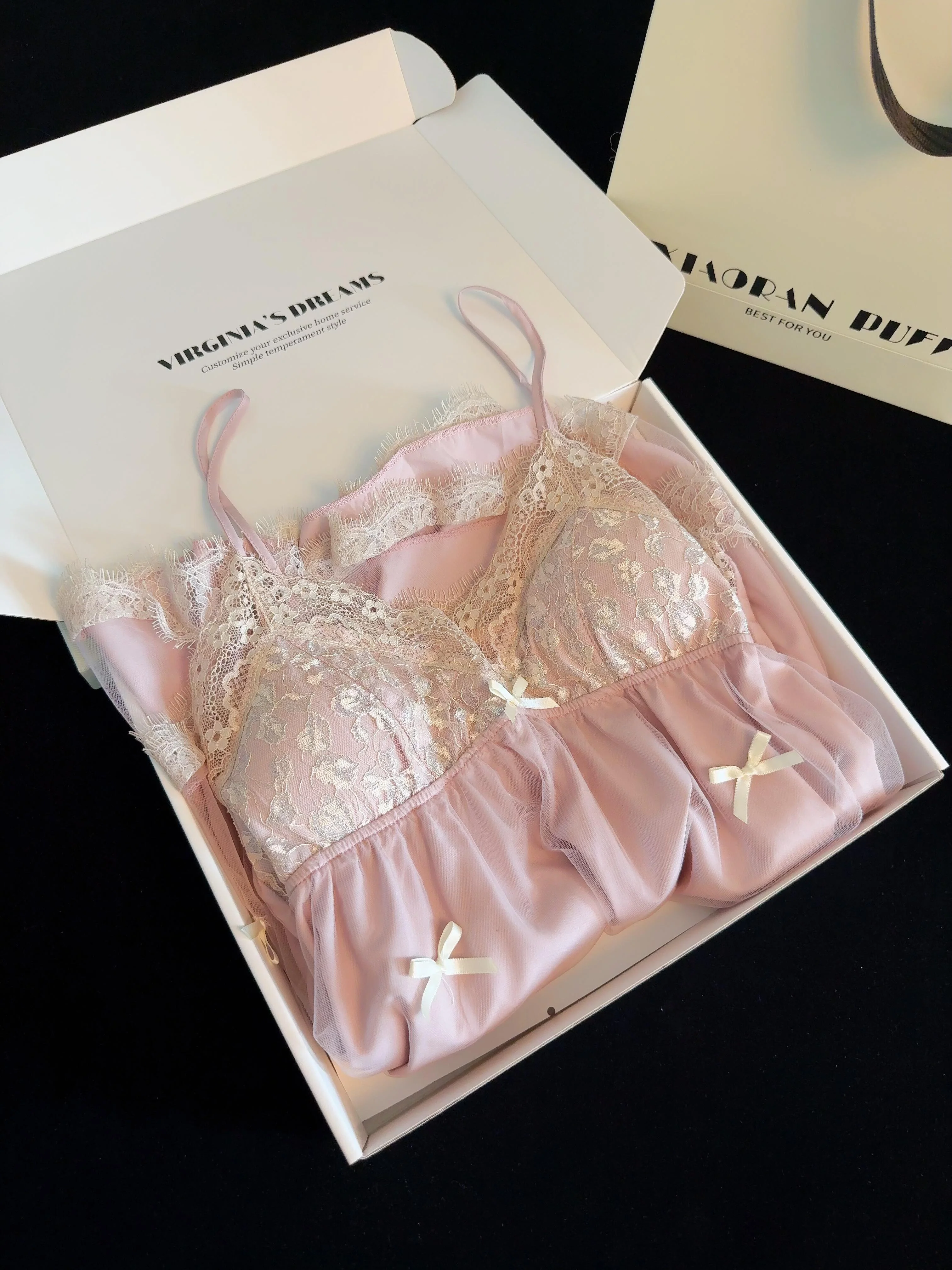 Light pink White Lace Trim Double Layer Gauze Silk Nightgown for Women Satin Slip Dress Nightdress