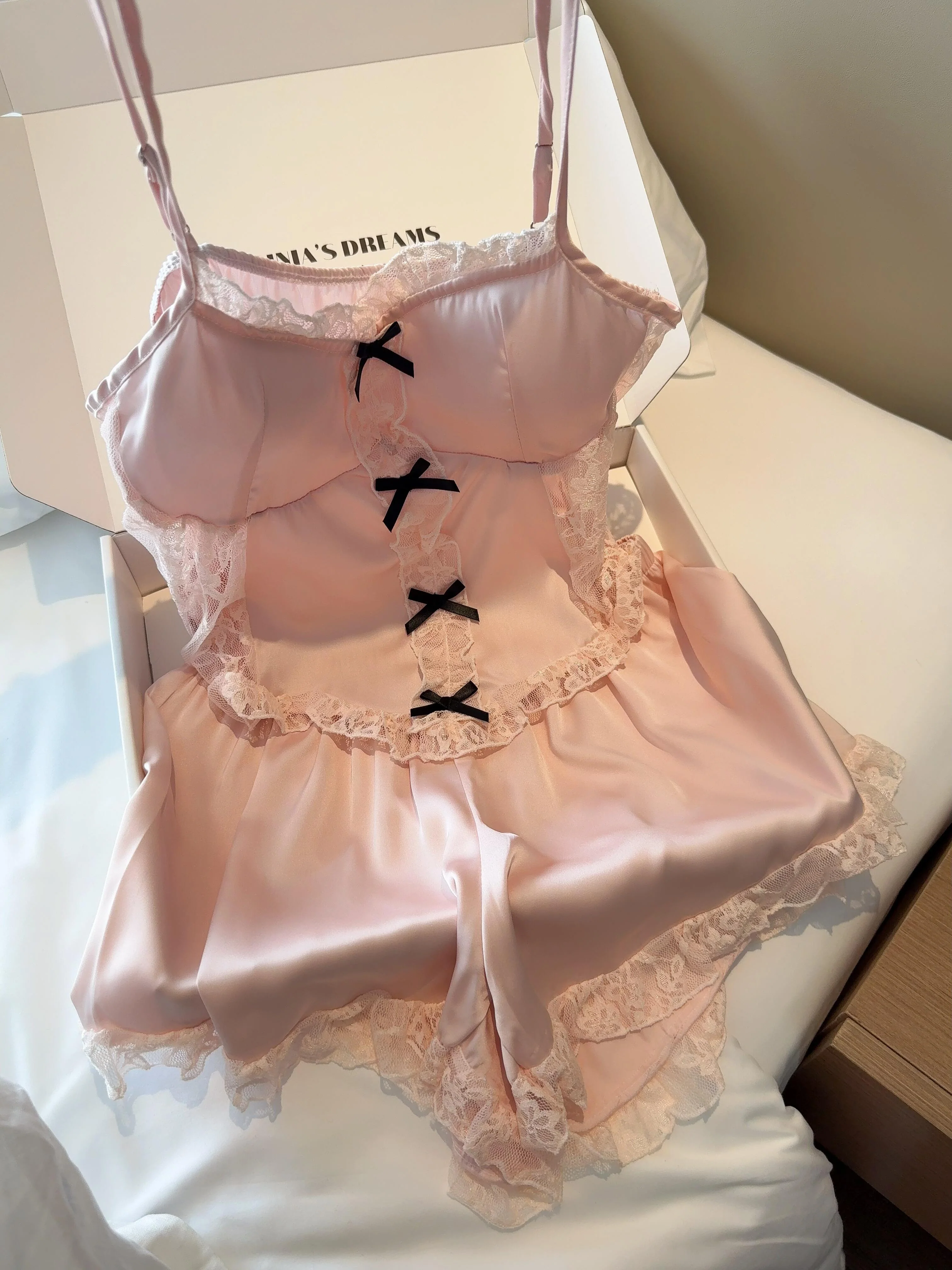 Pink Satin Pajama Set for Women 2 Piece Silky Lingerie Sleepwear Camisole Pj Shorts Set Soft Nightwear