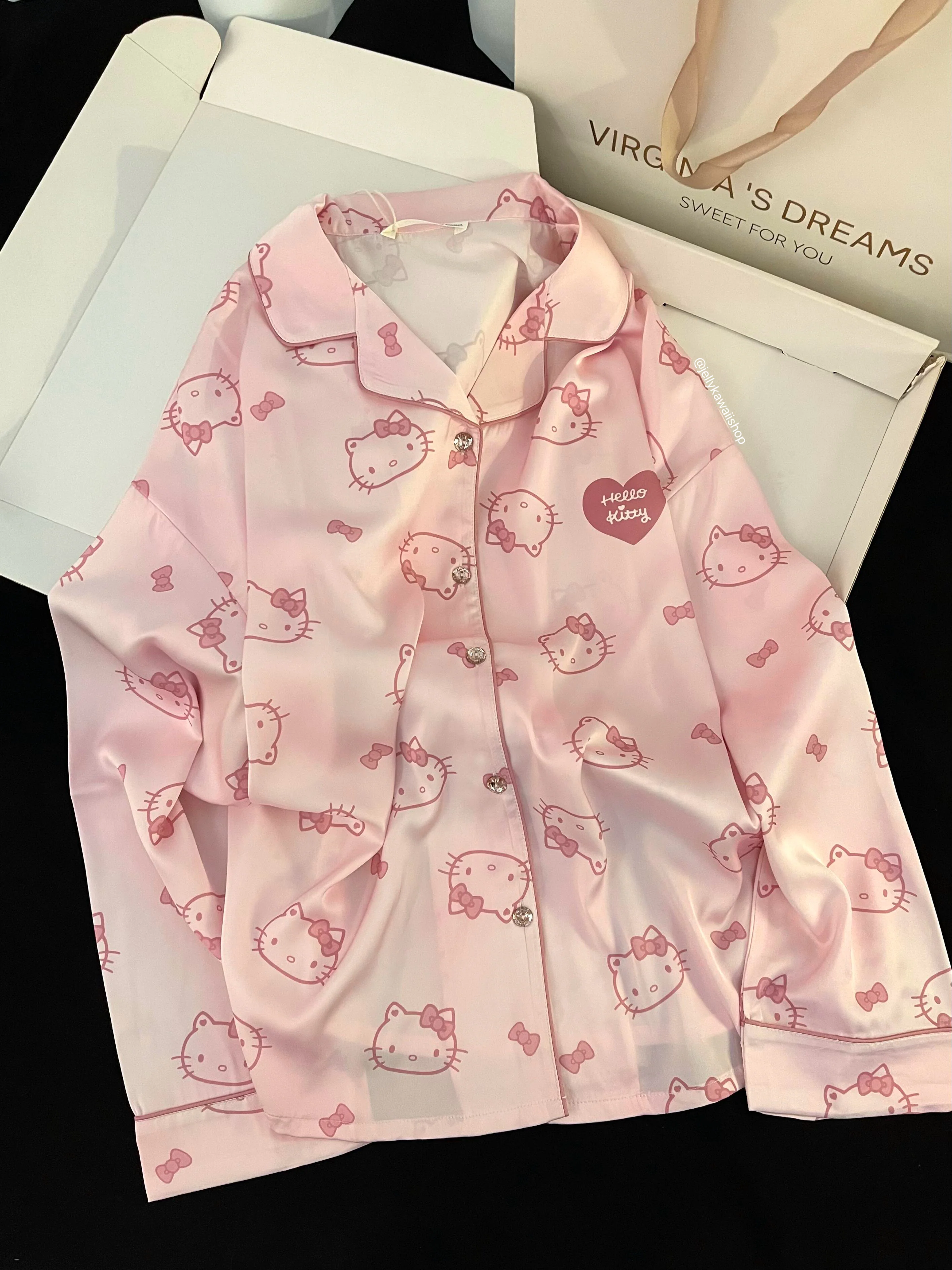 Hellokitty Pink Womens Pajamas Set Long Sleeve Sleepwear Button Down Nightwear Soft Pj Lounge Sets