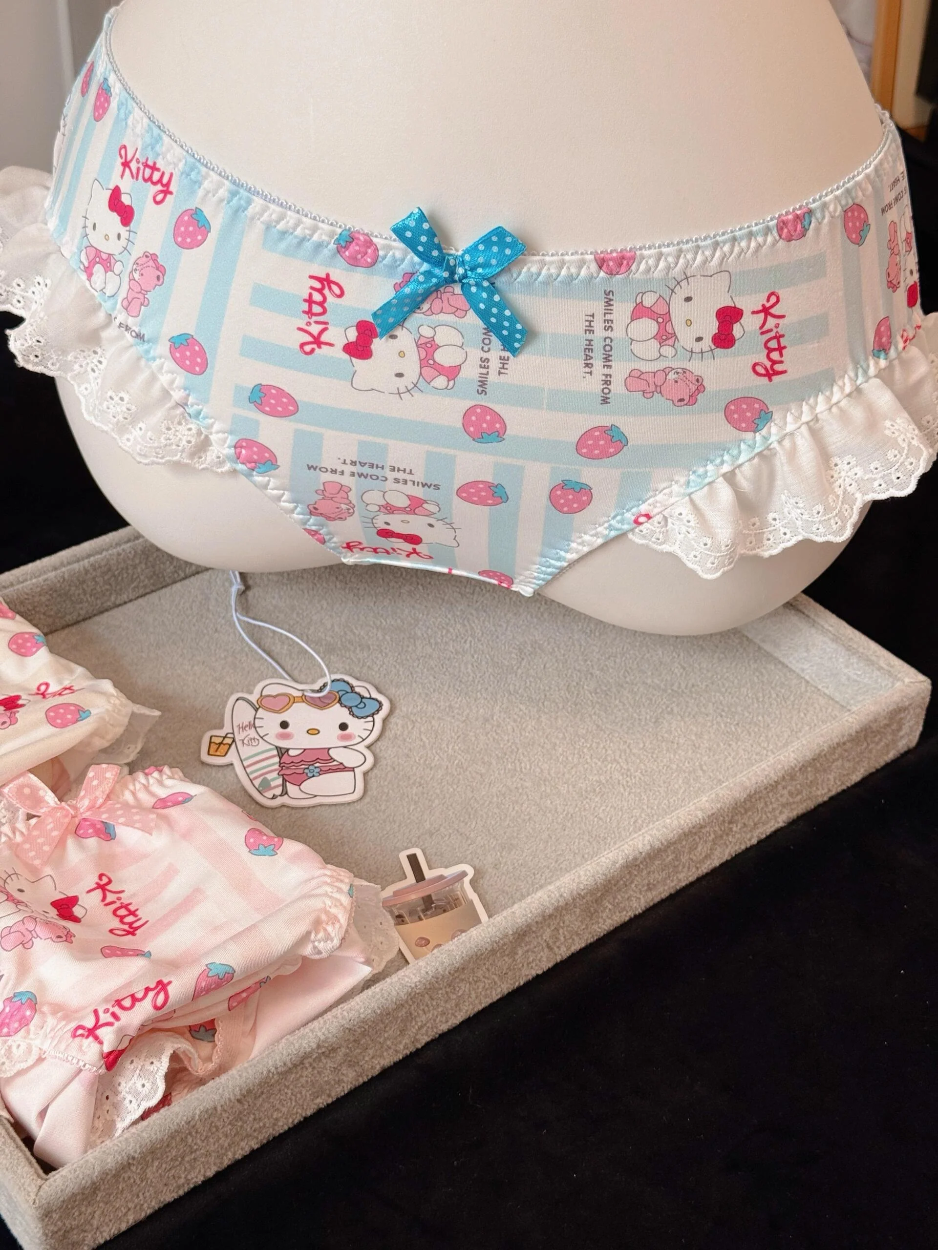 Strawberry Hellokitty Lace Trim Cotton Underwire Cute Push Up Strappy Lingerie Set Panty Bra