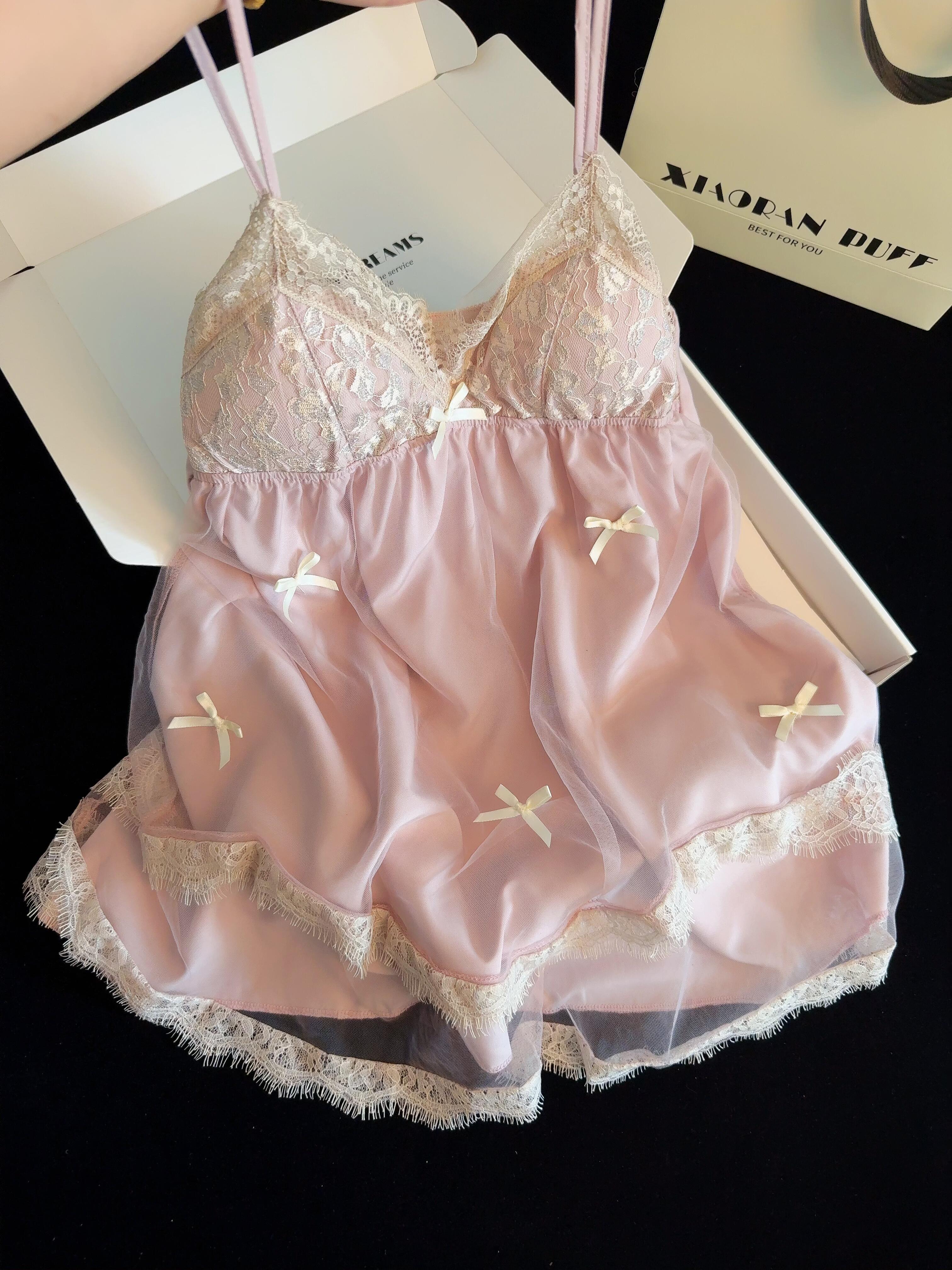 Light pink White Lace Trim Double Layer Gauze Silk Nightgown for Women Satin Slip Dress Nightdress