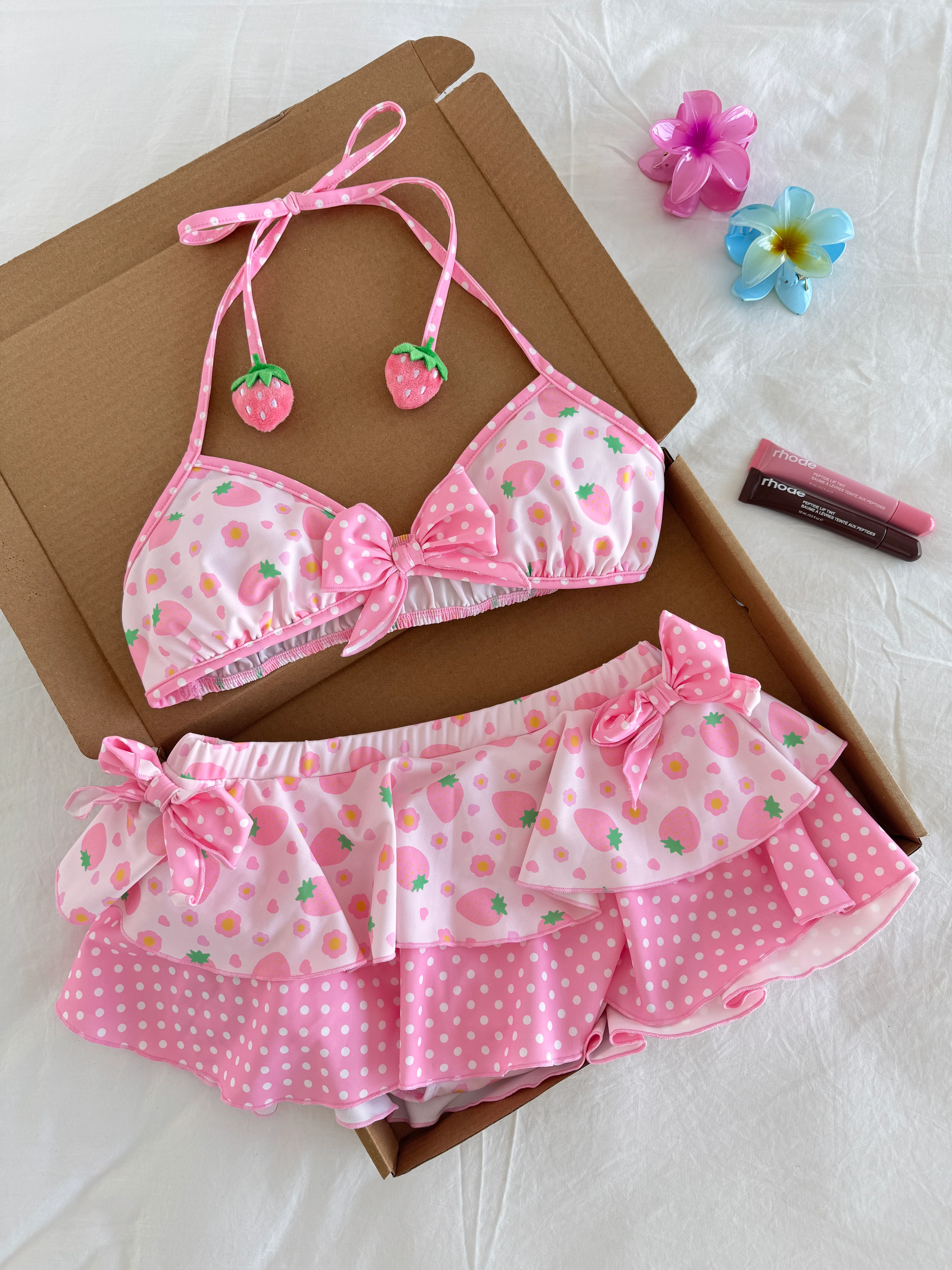 Pink Strawberry 2 Piece Swimsuit Bathing Suit Lace-up Top Ruffled Floral Summer Swimwear