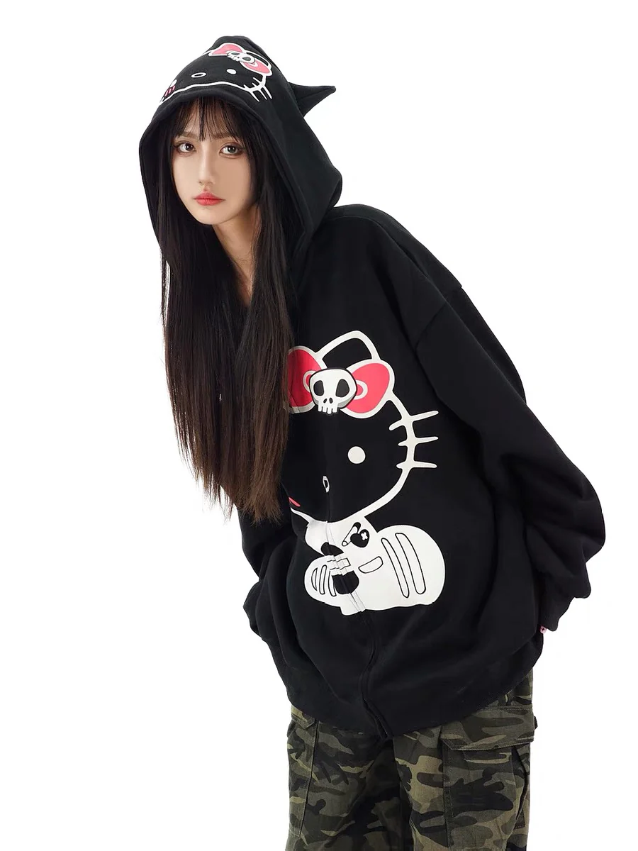 KT Hoodies Fall Jacket Oversized Sweatshirts Casual Drawstring Zip Up Y2K Hoodie with Pocket