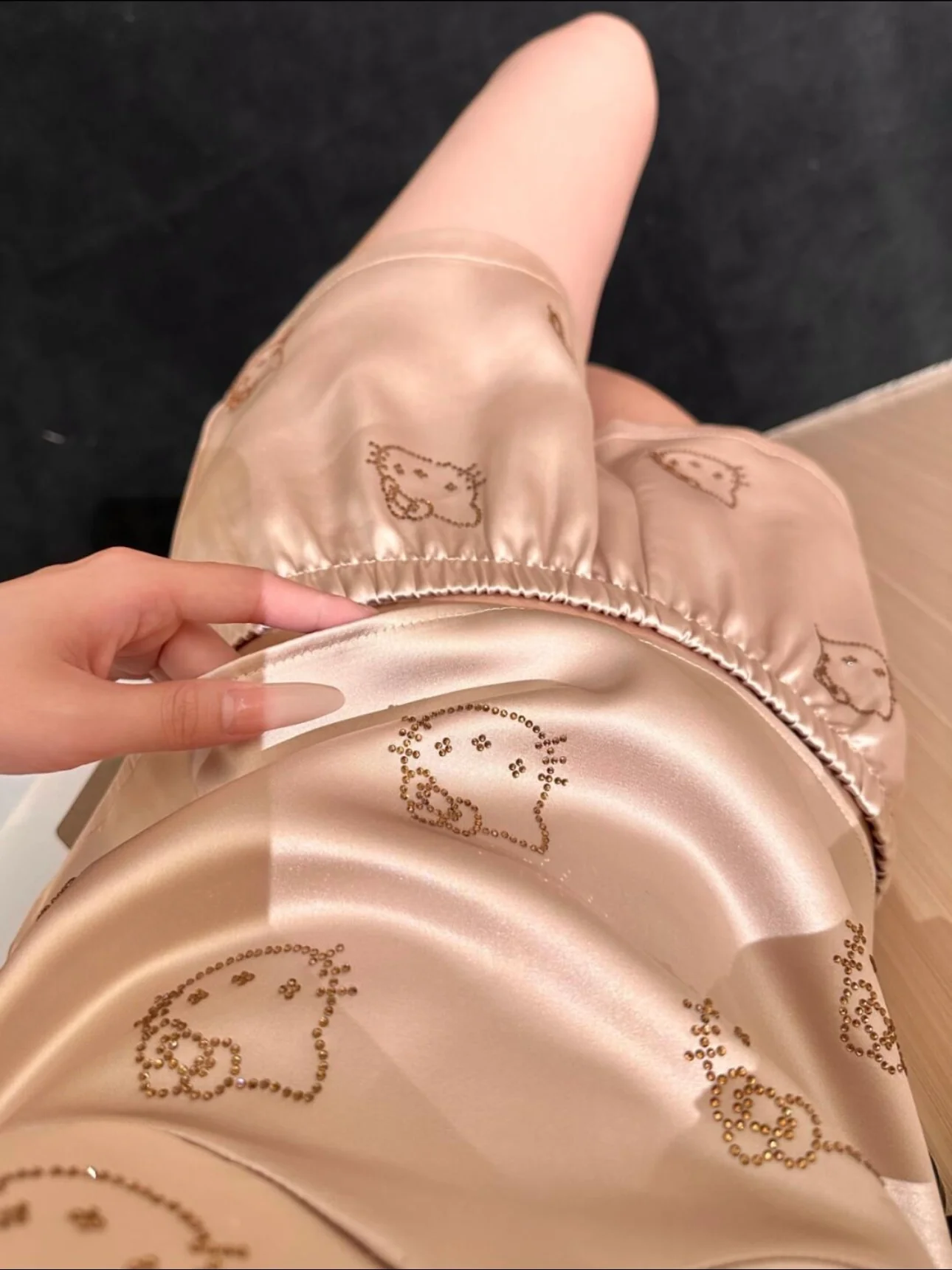 Hellokitty Champagne Satin Pajama Set for Women 2 Piece Silky Lingerie Sleepwear Camisole Pj Shorts Set Soft Nightwear