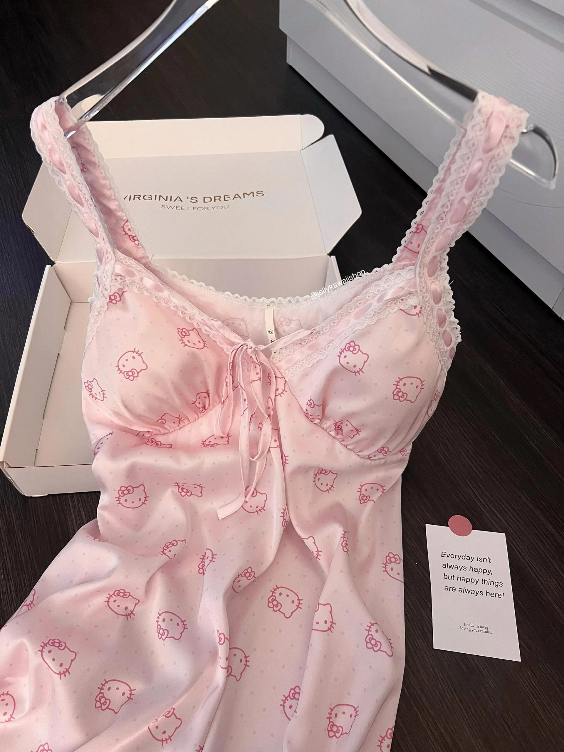 Hellokitty Pink Lace Silk Nightgown for Women Satin Slip Dress Nightdress