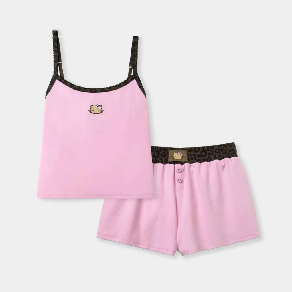 Hellokitty Leopard Print Cotton Cute Short Pajama Set 2 Piece Sleepwear Top with Shorts Pj Set