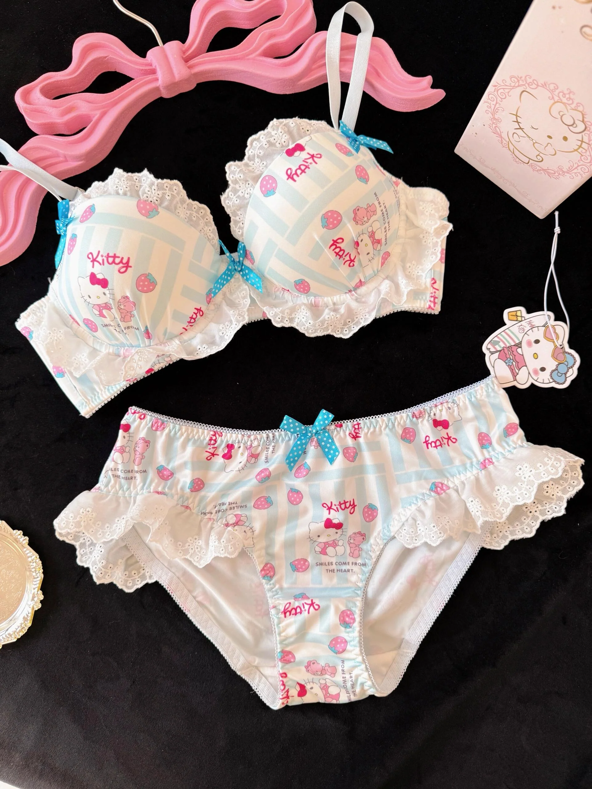 Strawberry Hellokitty Lace Trim Cotton Underwire Cute Push Up Strappy Lingerie Set Panty Bra