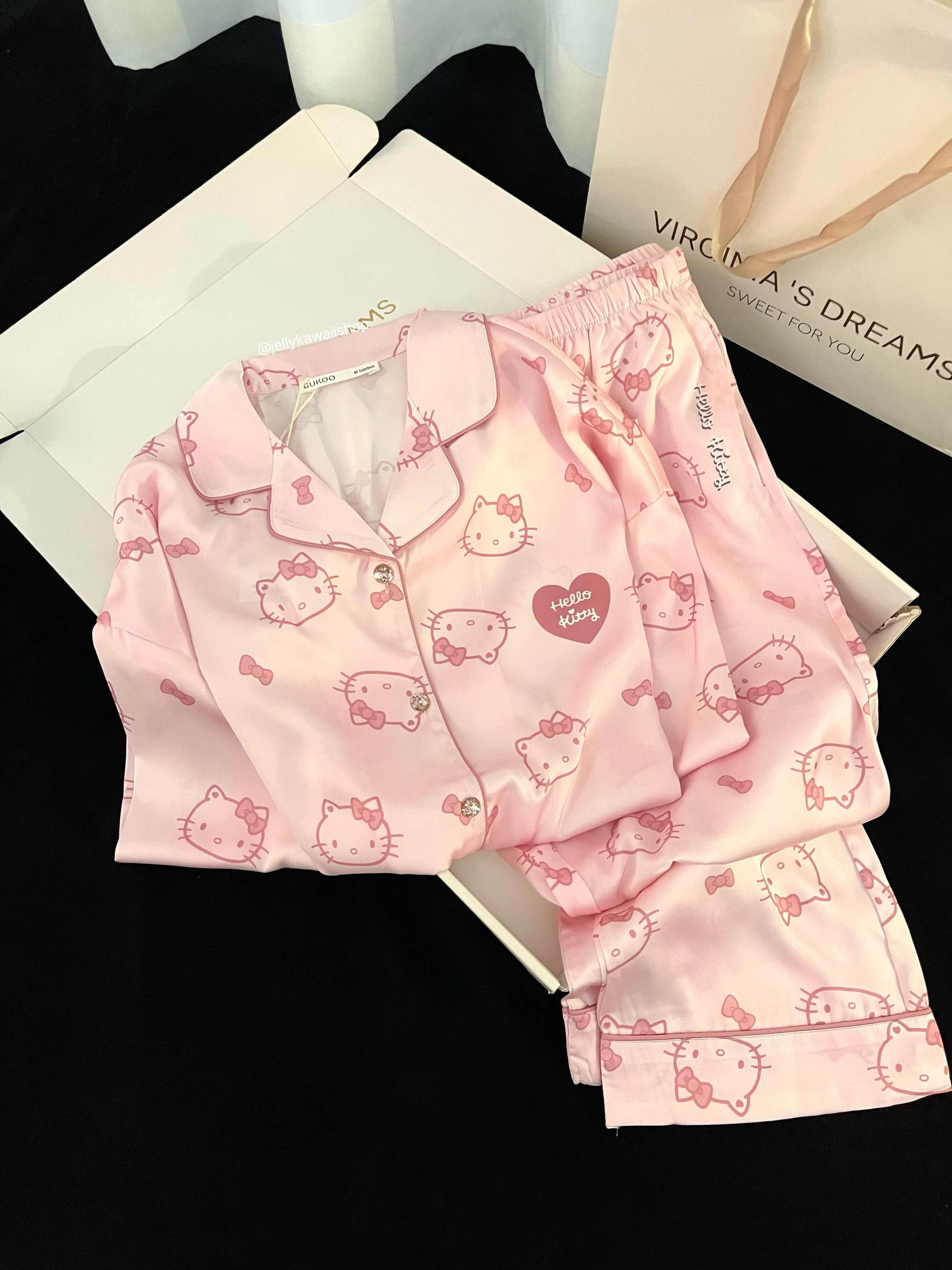 Hellokitty Pink Womens Pajamas Set Long Sleeve Sleepwear Button Down Nightwear Soft Pj Lounge Sets