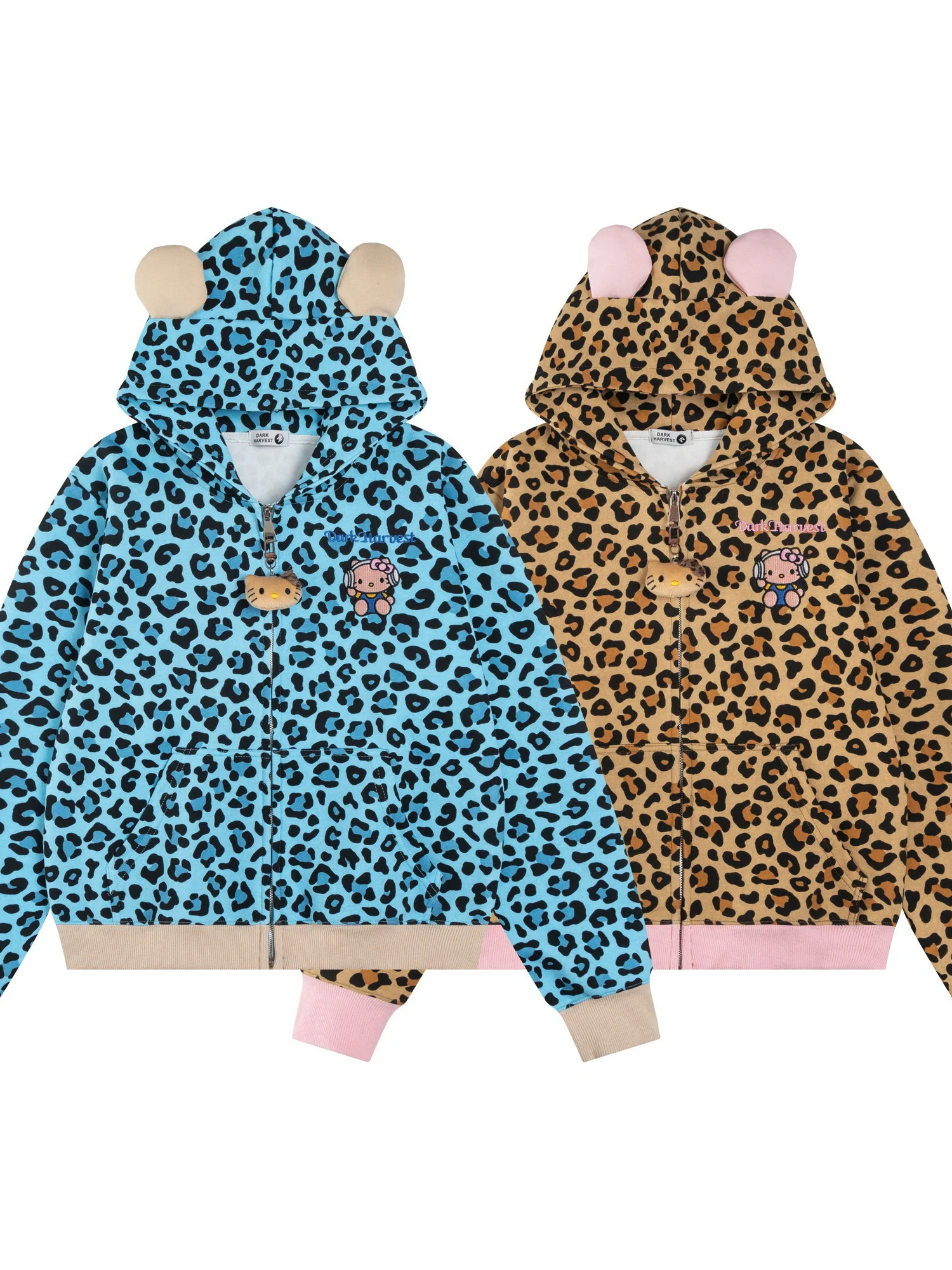 Hellokitty Leopard Print Hoodies Fall Jacket Sweatshirts Casual Drawstring Zip Up Y2K Hoodie with Pocket