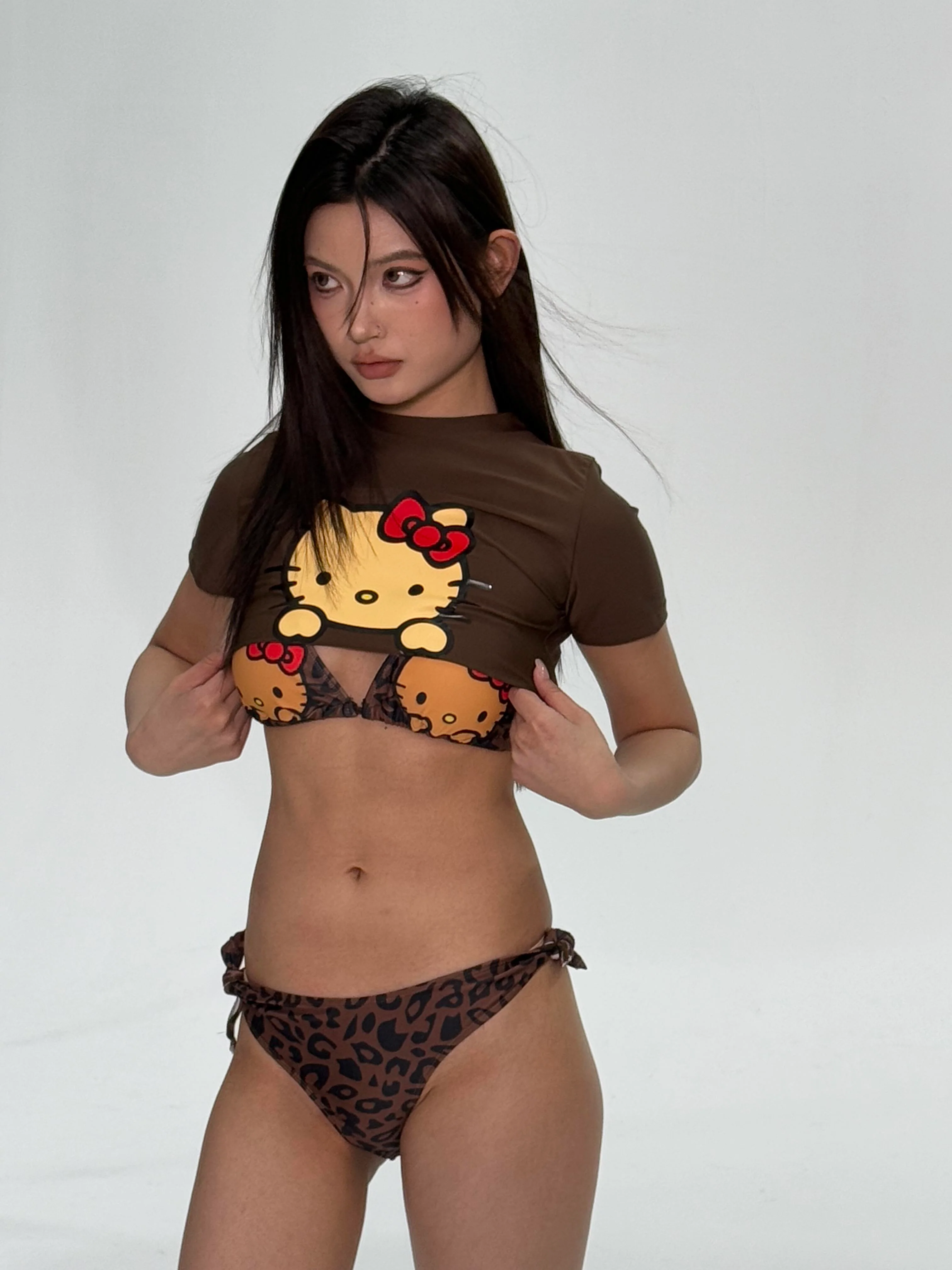 Hellokitty Women's 3 Piece Swimsuit Halter String Bikini Tie Side Mesh Short Sleeve Bathing Suits