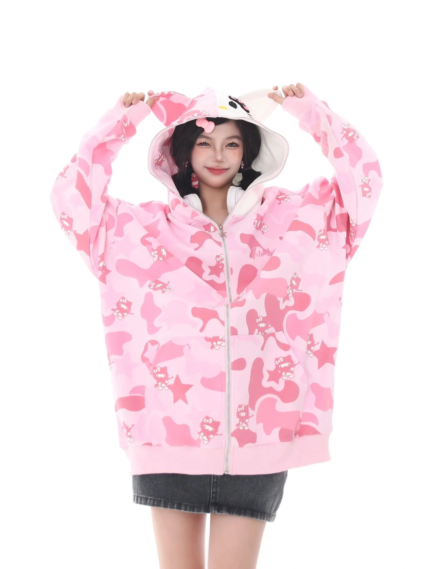 Hellokitty Camouflage Hoodies Fall Jacket Oversized Sweatshirts Casual Drawstring Zip Up Y2K Hoodie with Pocket
