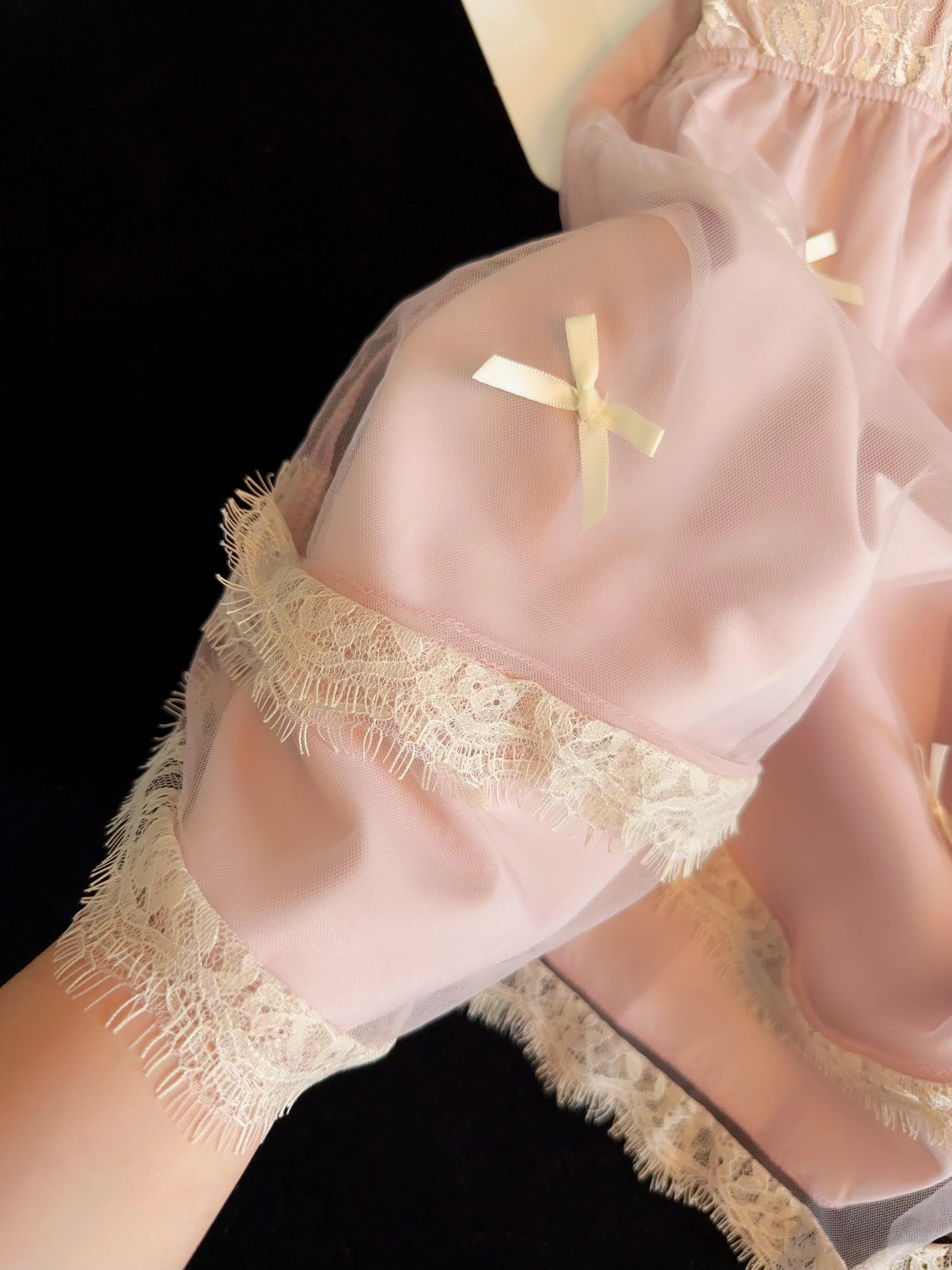 Light pink White Lace Trim Double Layer Gauze Silk Nightgown for Women Satin Slip Dress Nightdress