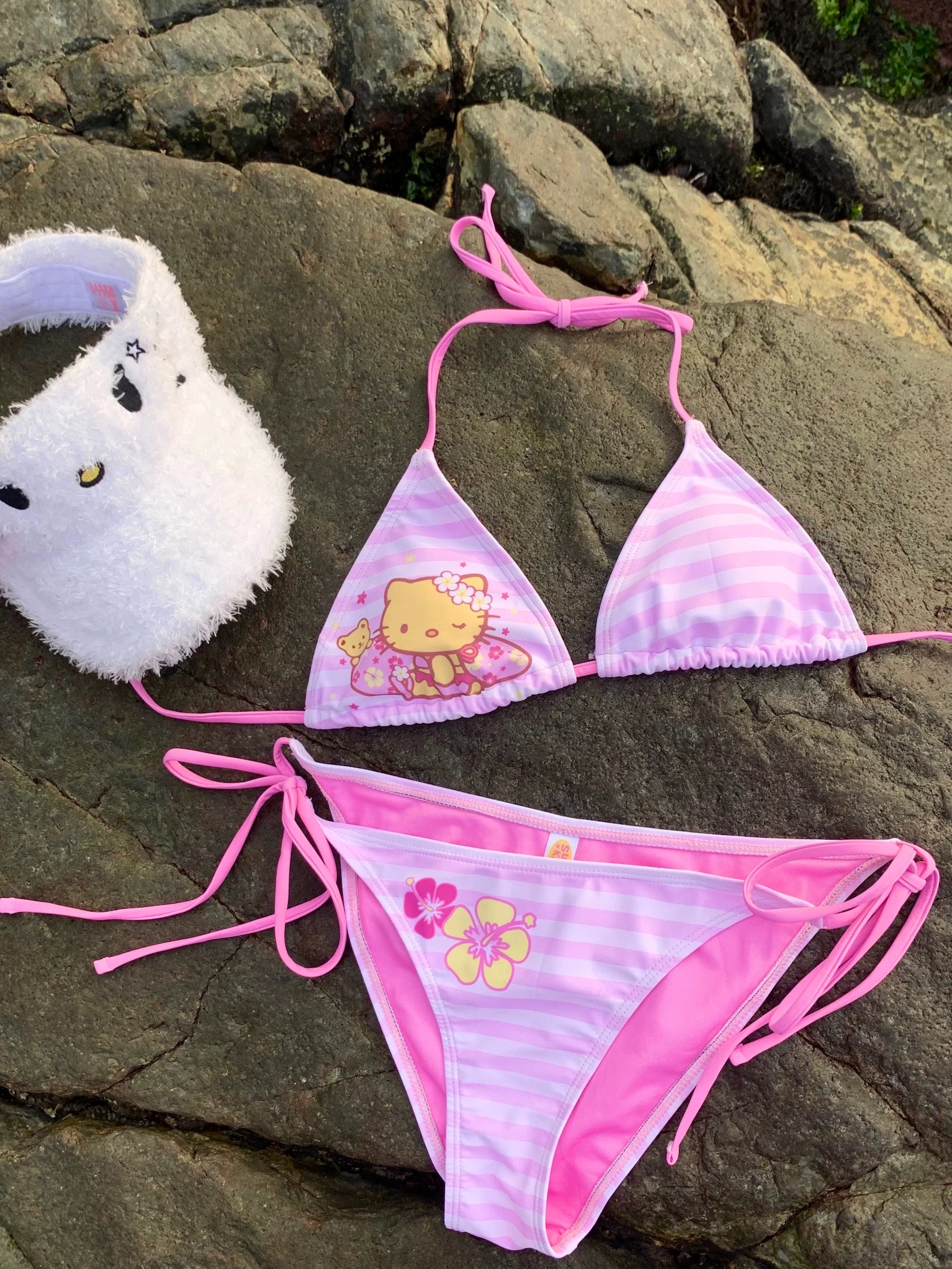 Hellokitty Pink Stripe Halter Tie Side Triangle Bikini Set high Cut 2 Piece Bikini Swimsuit Bathing Suit