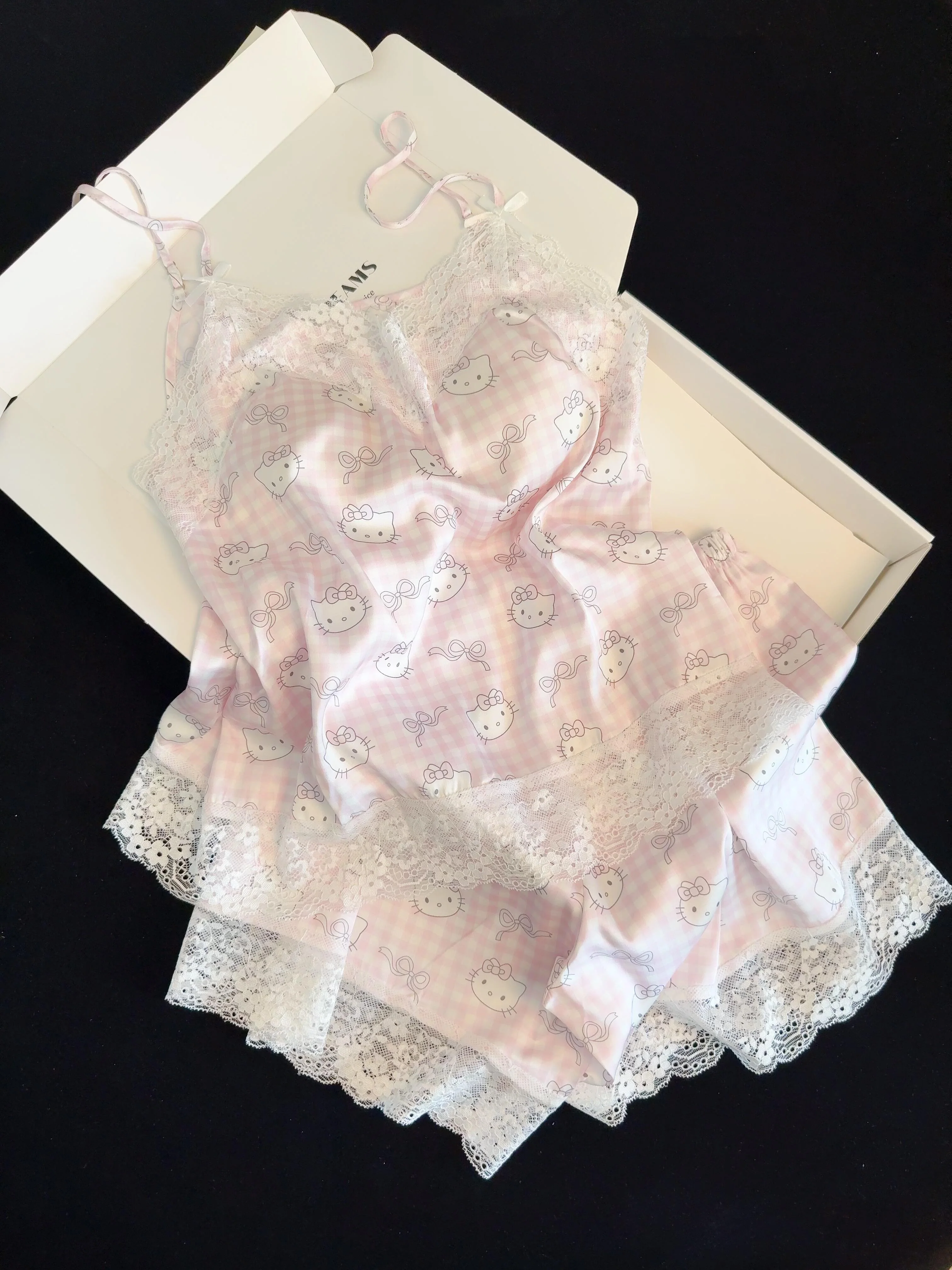 Hellokitty Pink Lace Pajama Set for Women 2 Piece Lingerie Sleepwear Camisole Pj Shorts Set Soft Nightwear