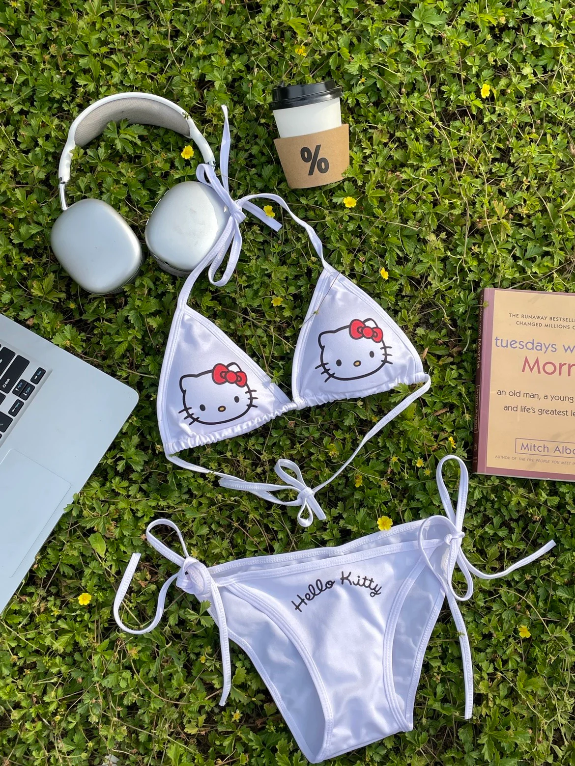 Hellokitty Women's Halter Tie Side Triangle Bikini Set high Cut 2 Piece Bikini Swimsuit Bathing Suit