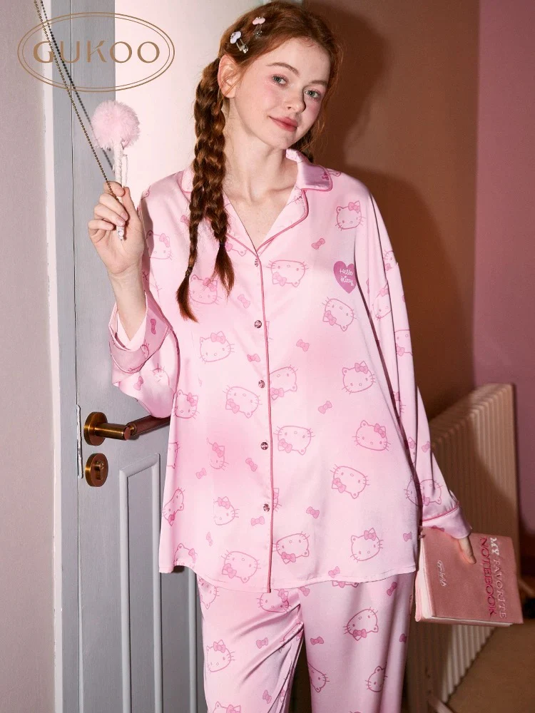 Hellokitty Pink Womens Pajamas Set Long Sleeve Sleepwear Button Down Nightwear Soft Pj Lounge Sets