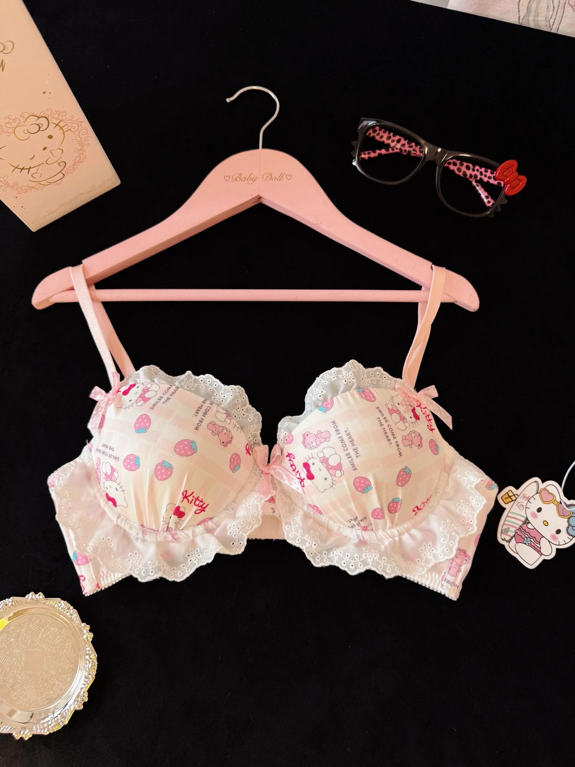 Strawberry Hellokitty Lace Trim Cotton Underwire Cute Push Up Strappy Lingerie Set Panty Bra