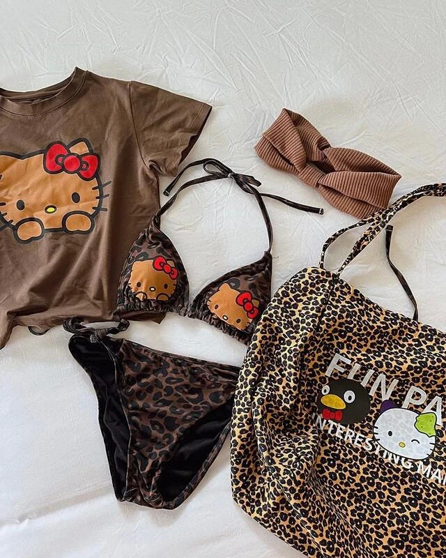 Hellokitty Women's 3 Piece Swimsuit Halter String Bikini Tie Side Mesh Short Sleeve Bathing Suits