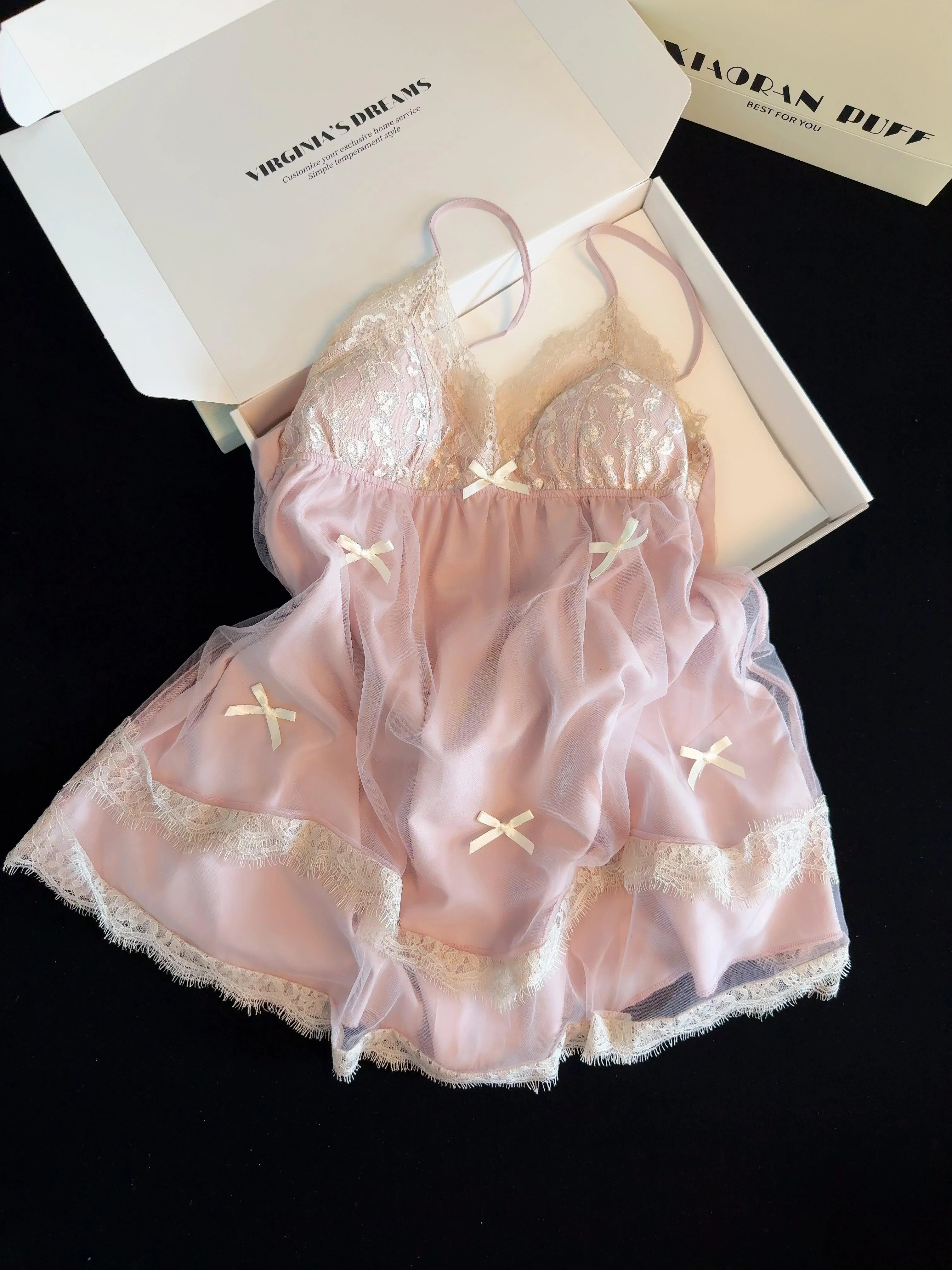 Light pink White Lace Trim Double Layer Gauze Silk Nightgown for Women Satin Slip Dress Nightdress