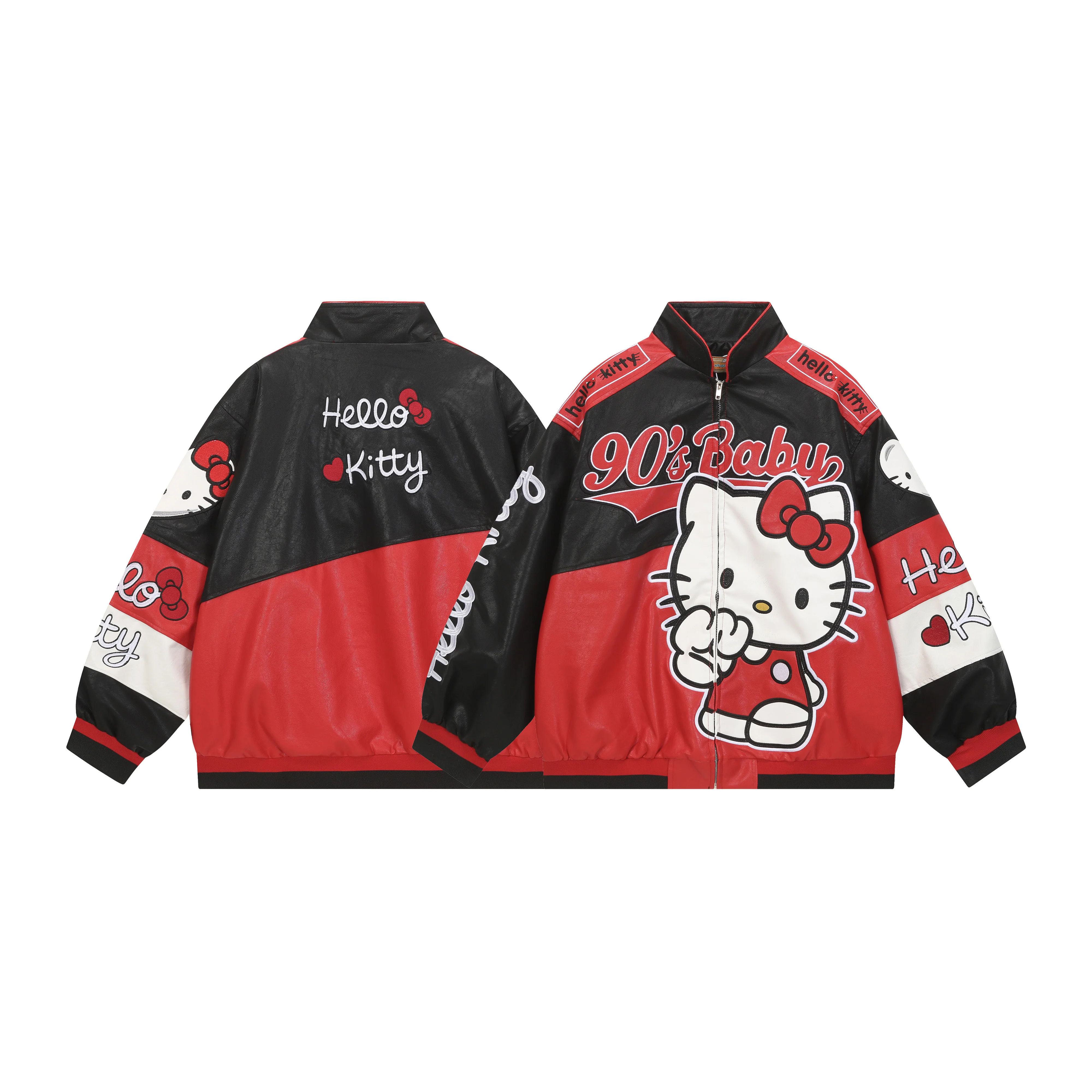 Hellokitty Red and Black Faux Leather Jacket Oversized Racing Motorcycle Jackets Moto Coats Unisex Trendy Streetwear Jacket