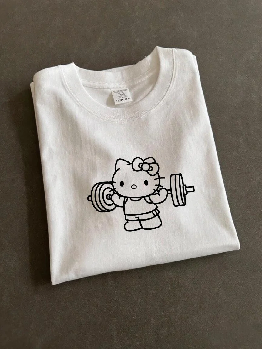 Hellokitty Weightlifting Print Cute Workout Crew Neck Cotton Short Sleeve Gym Fitness