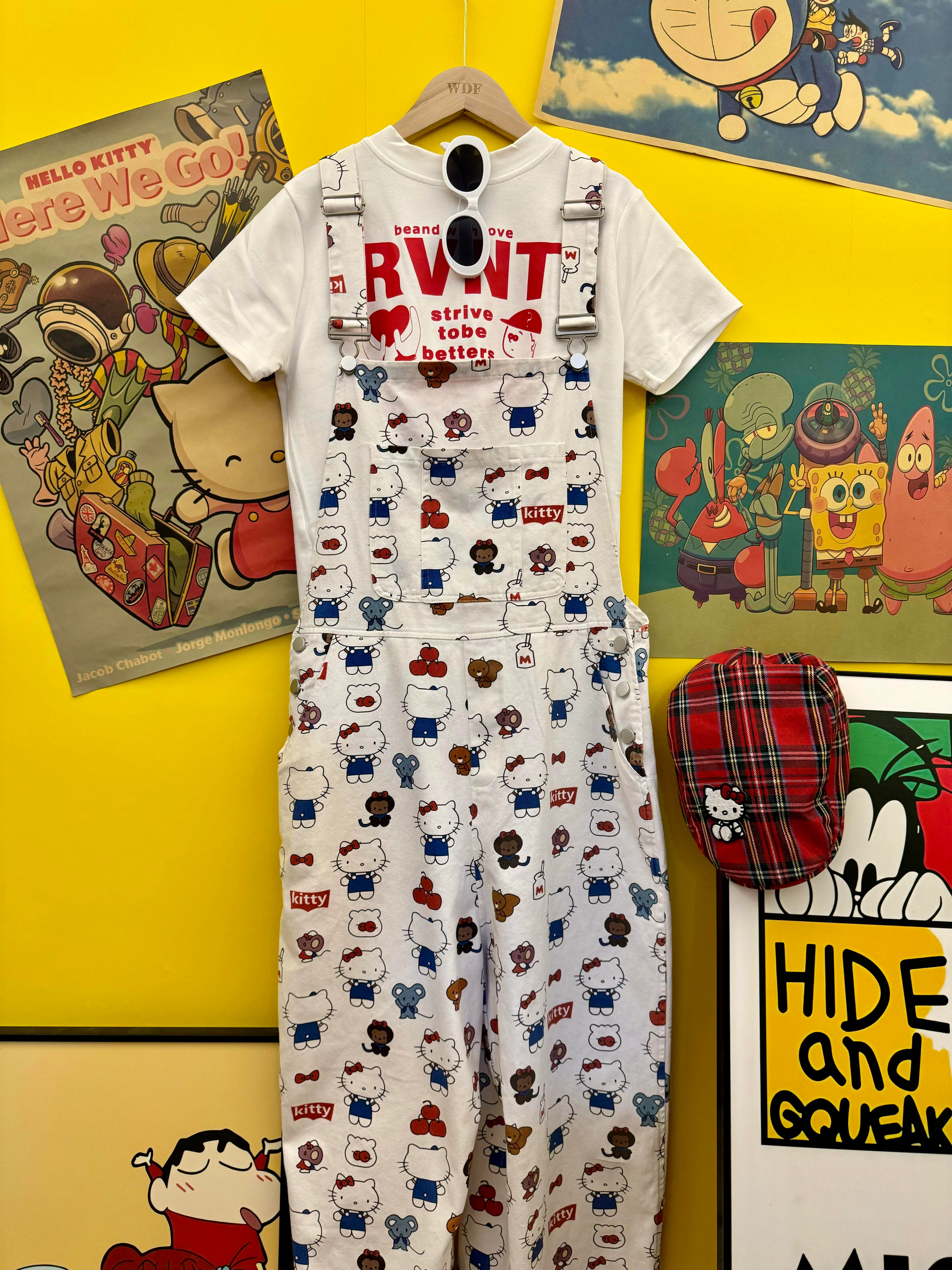 Hellokitty White Denim Jumpsuits for Women Casual Sleeveless Overalls Jeans Pants Jumpers with Pockets