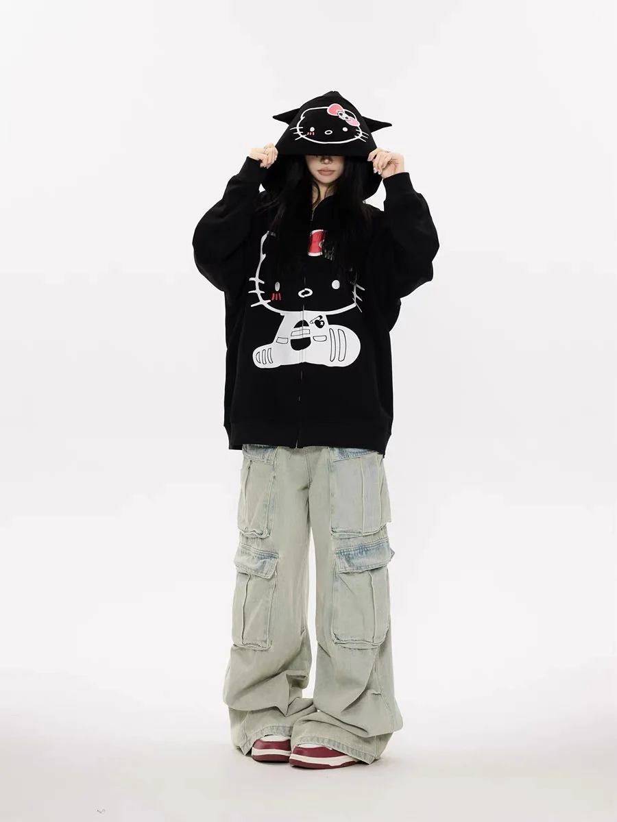 KT Hoodies Fall Jacket Oversized Sweatshirts Casual Drawstring Zip Up Y2K Hoodie with Pocket