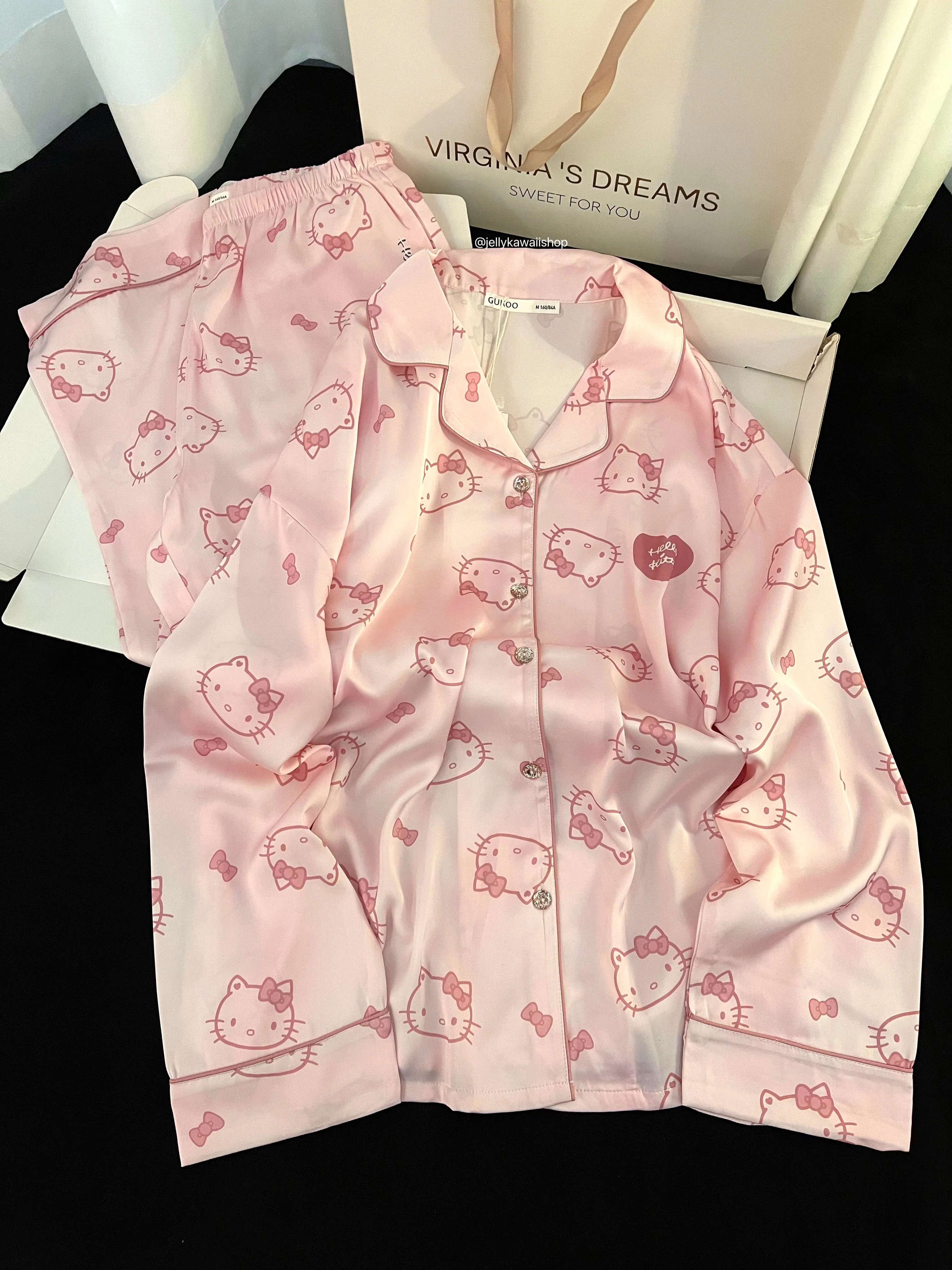 Hellokitty Pink Womens Pajamas Set Long Sleeve Sleepwear Button Down Nightwear Soft Pj Lounge Sets